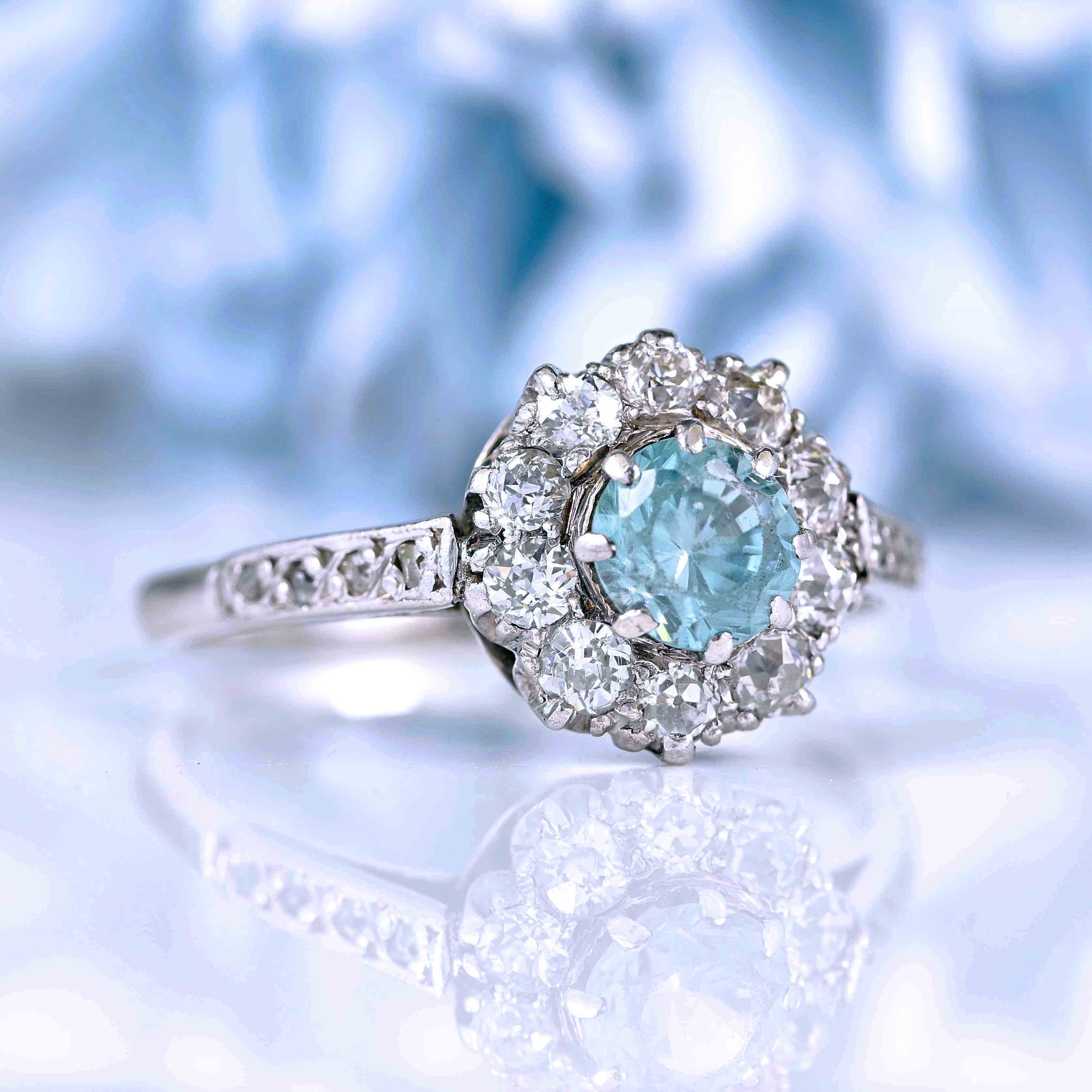 Ellibelle Jewellery Edwardian Blue Zircon & Old Cut Diamond White Gold Ring