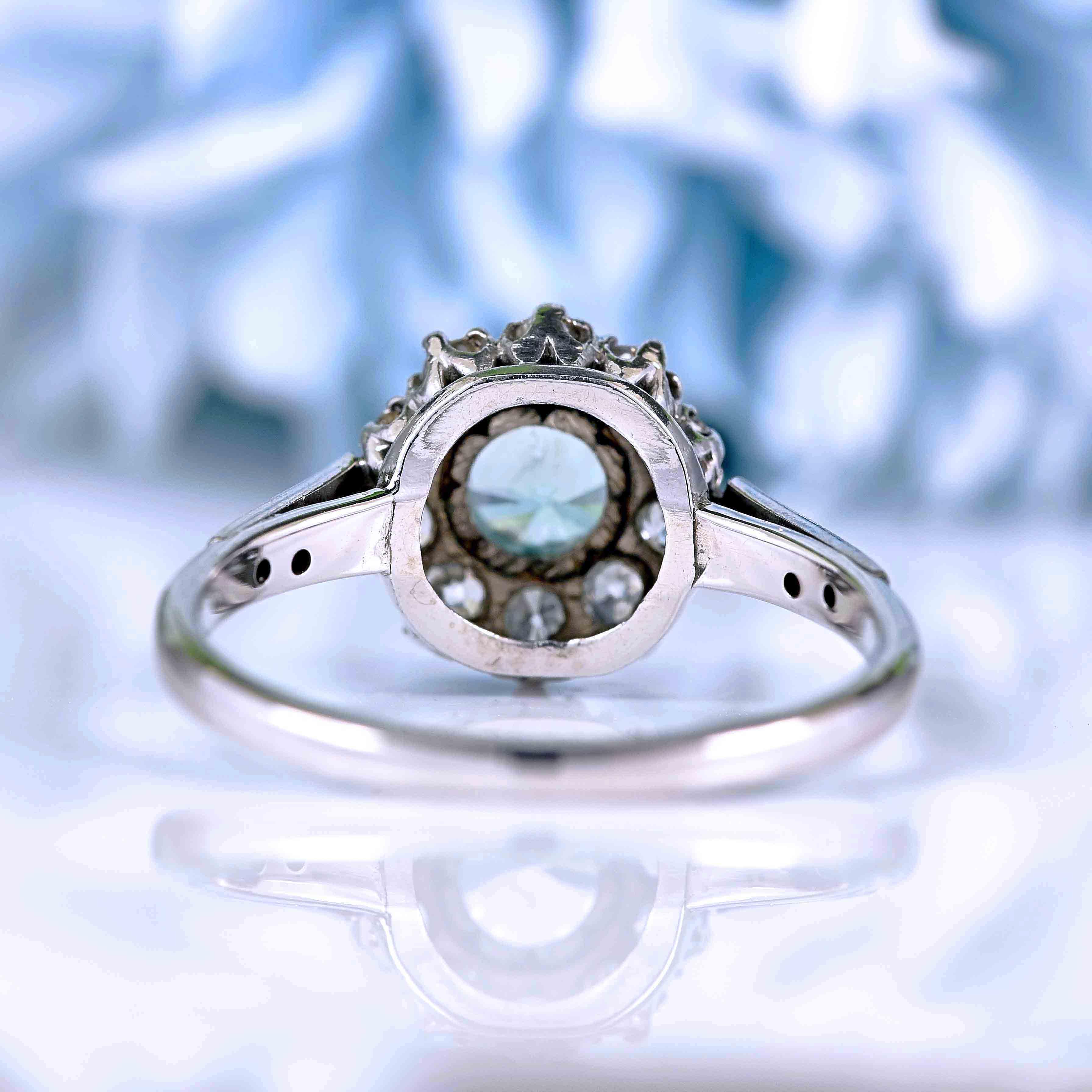 Ellibelle Jewellery Edwardian Blue Zircon & Old Cut Diamond White Gold Ring