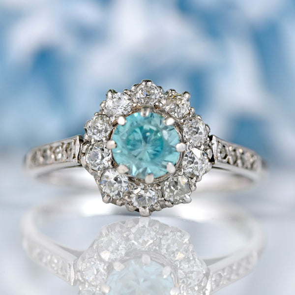 Ellibelle Jewellery Edwardian Blue Zircon & Old Cut Diamond White Gold Ring