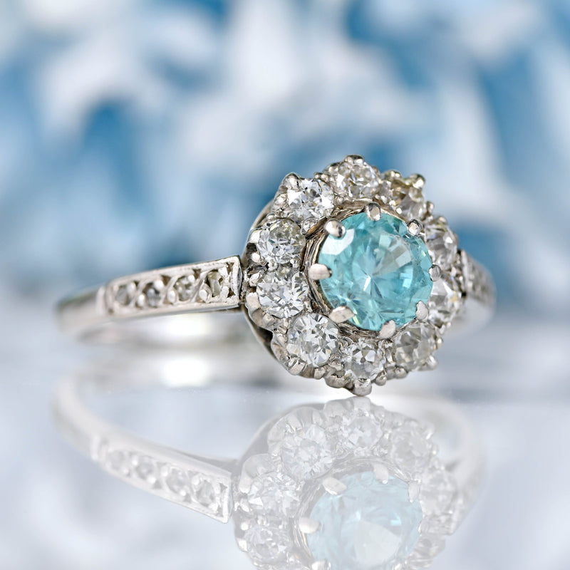 Ellibelle Jewellery Edwardian Blue Zircon & Old Cut Diamond White Gold Ring