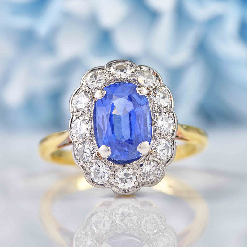 Ellibelle Jewellery Edwardian Ceylon Sapphire & Diamond 18ct Gold Cluster Ring (1.53ct)