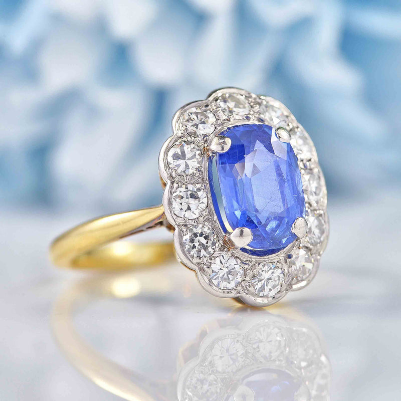 Ellibelle Jewellery Edwardian Ceylon Sapphire & Diamond 18ct Gold Cluster Ring (1.53ct)