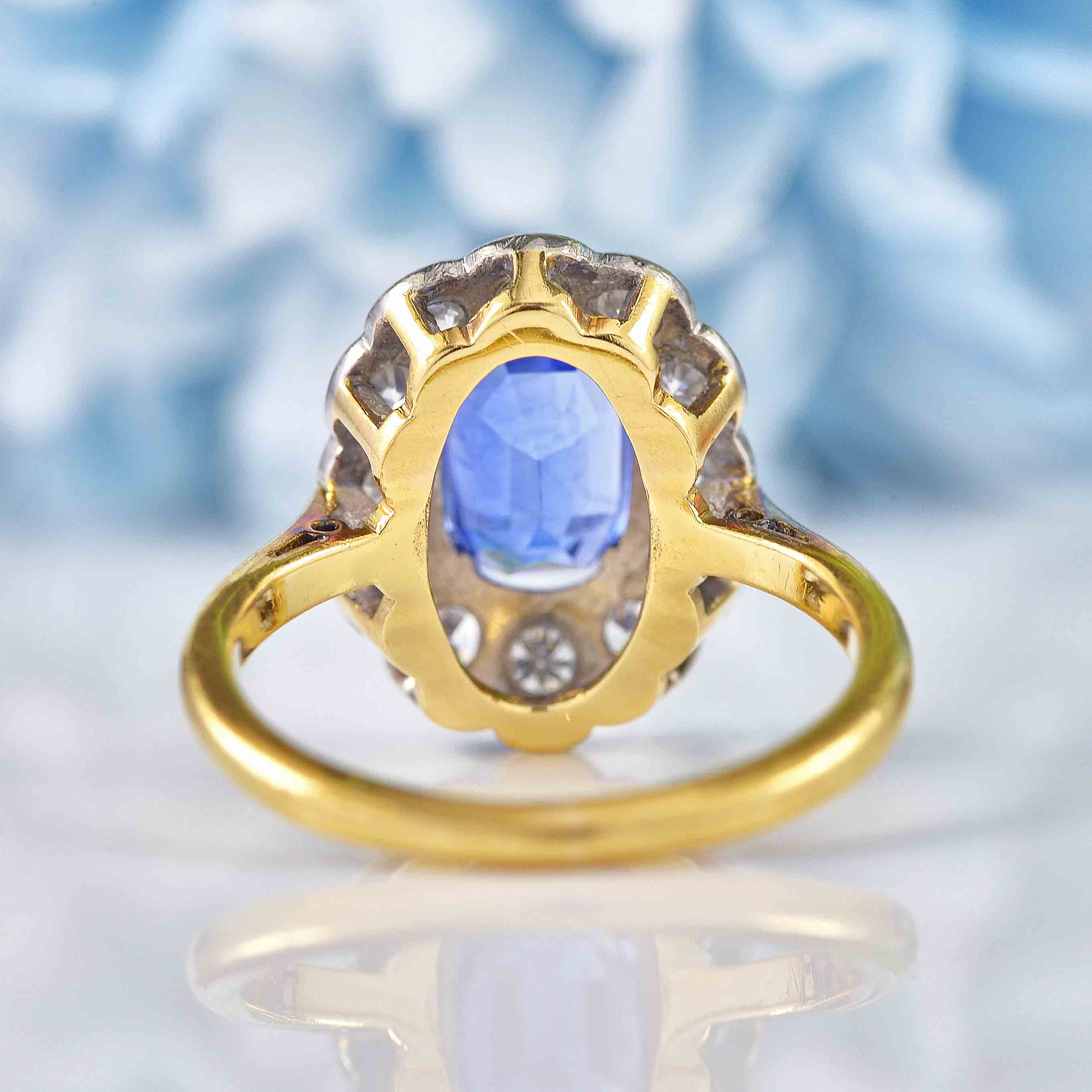 Ellibelle Jewellery Edwardian Ceylon Sapphire & Diamond 18ct Gold Cluster Ring (1.53ct)