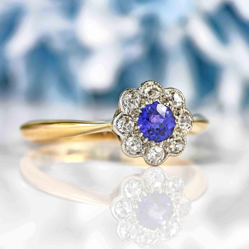 Ellibelle Jewellery Edwardian Ceylon Sapphire & Diamond 18ct Gold Daisy Ring