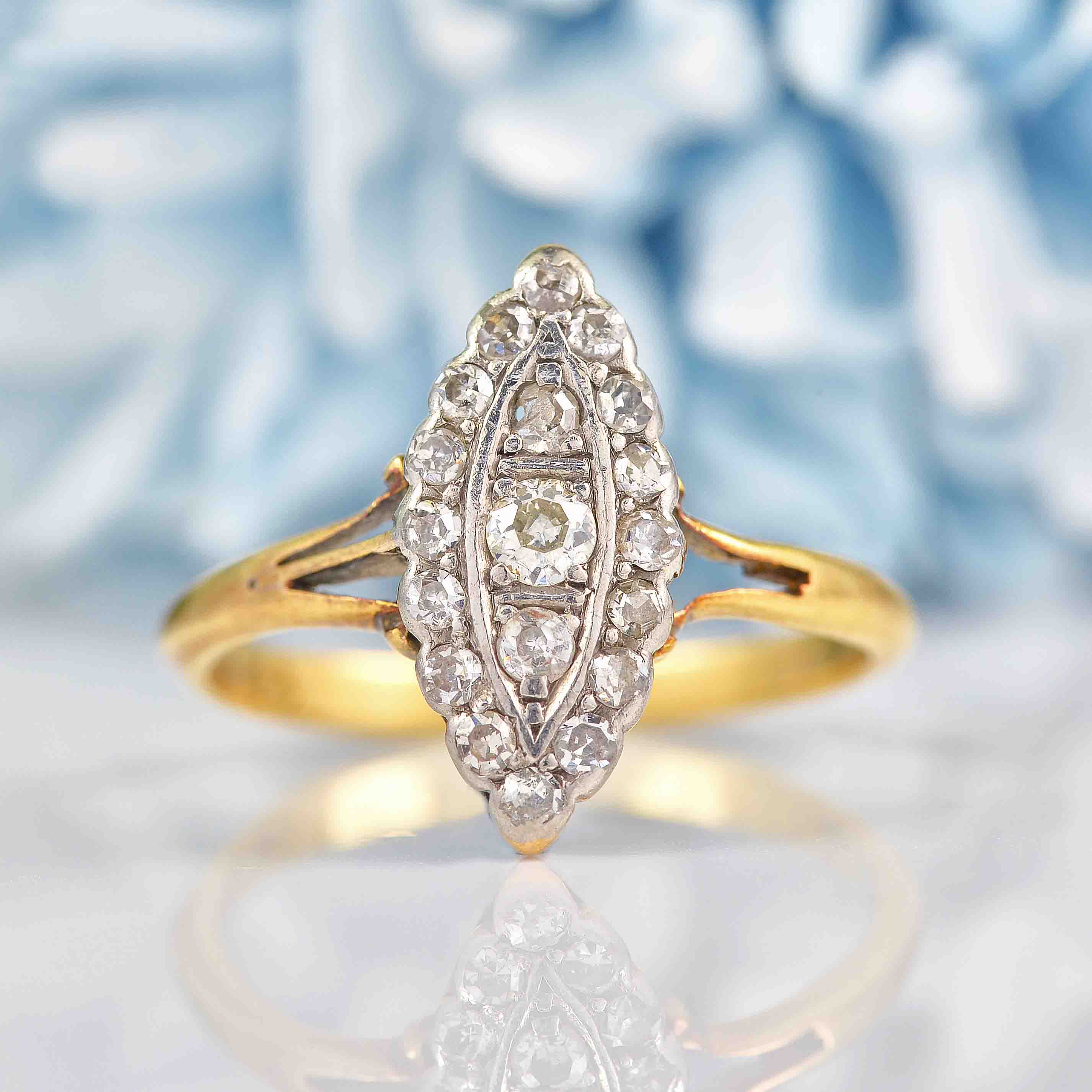 Ellibelle Jewellery Edwardian Diamond 18ct Gold Marquise Cluster Ring