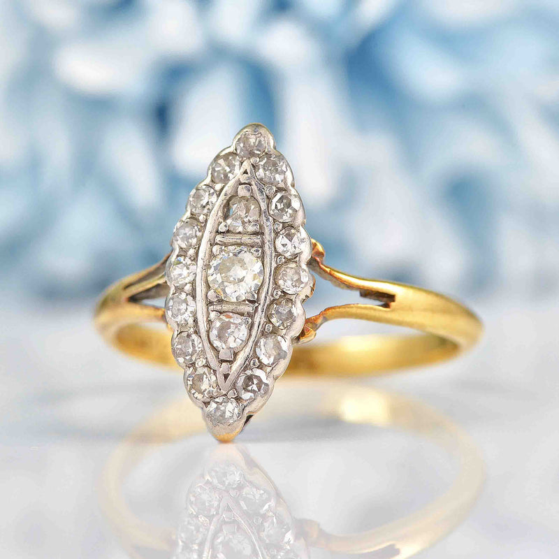 Ellibelle Jewellery Edwardian Diamond 18ct Gold Marquise Cluster Ring