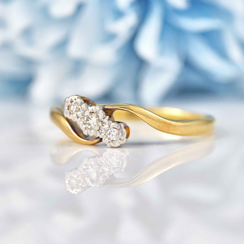 Ellibelle Jewellery Edwardian Diamond 18ct Gold Three-Stone Crossover Ring