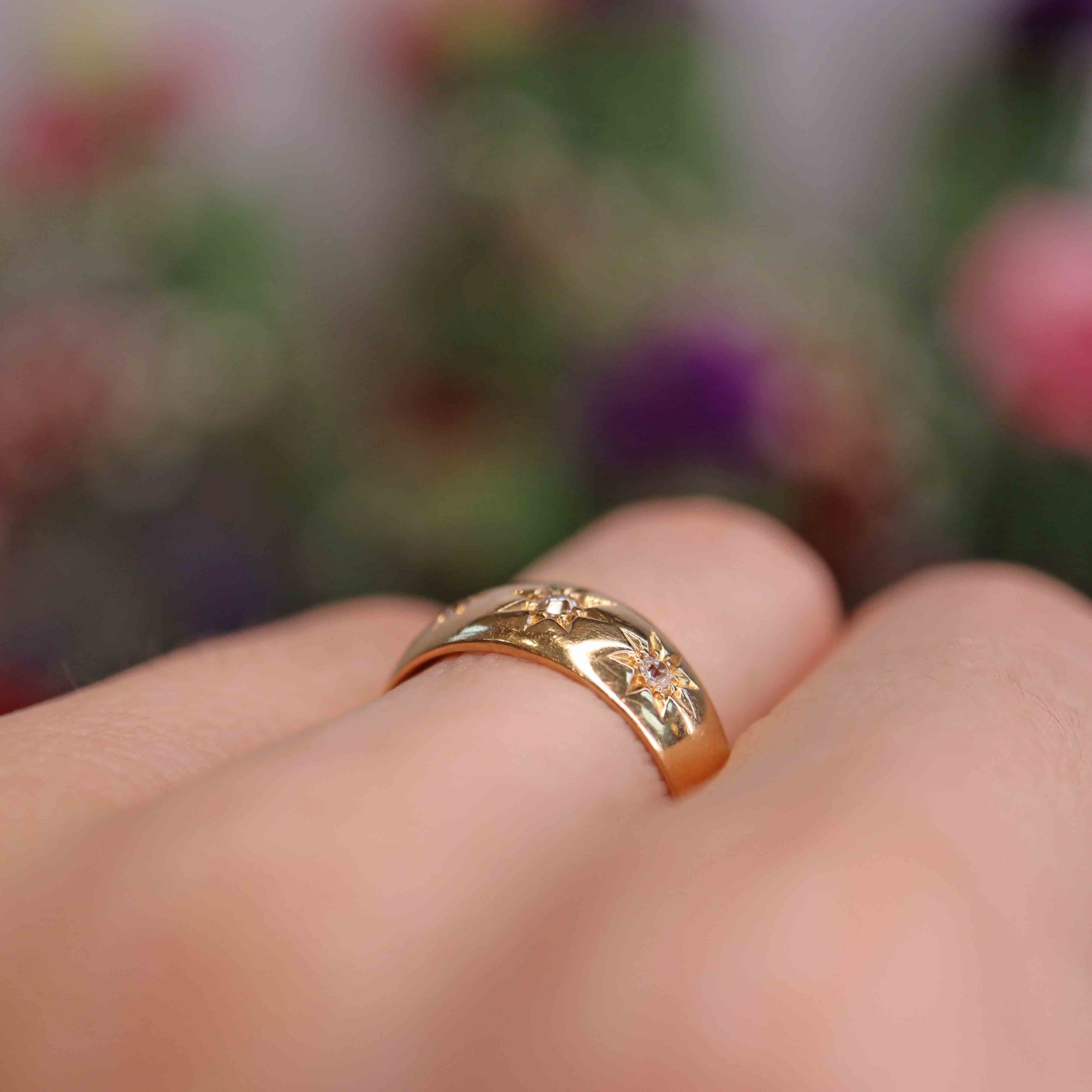 Ellibelle Jewellery Edwardian Diamond 18ct Gold Three-Stone Starburst Gypsy Ring