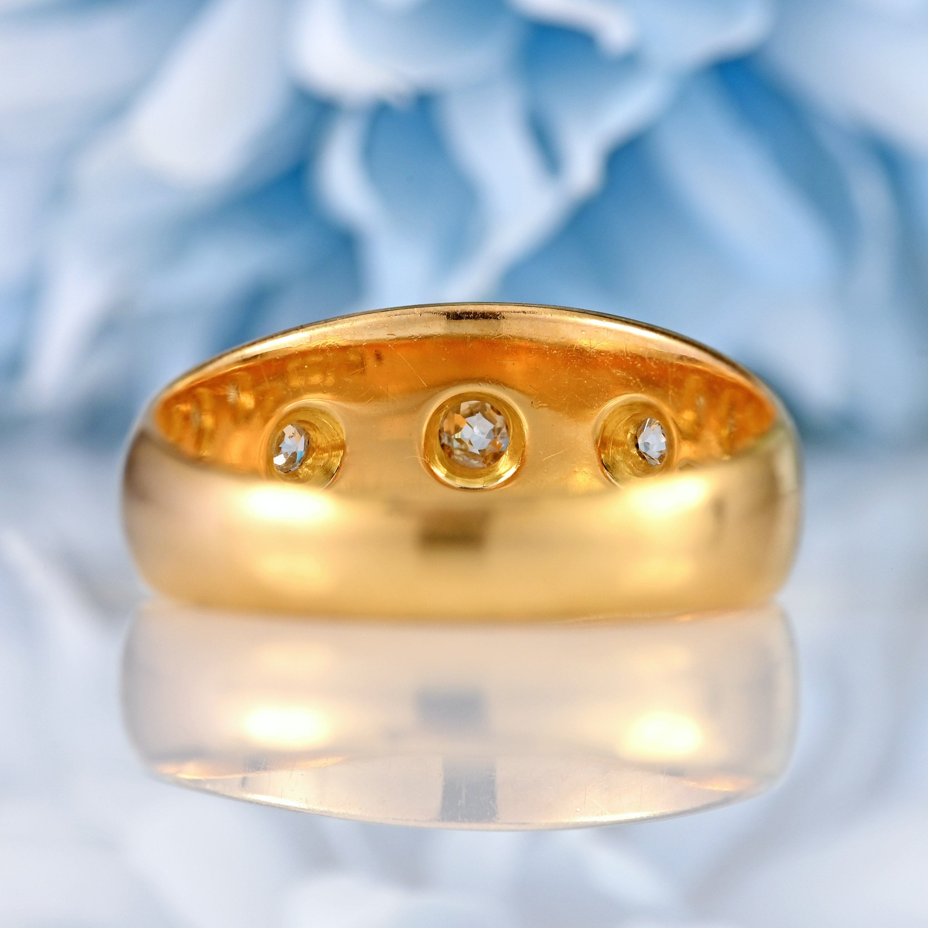 Ellibelle Jewellery Edwardian Diamond 18ct Gold Three-Stone Starburst Gypsy Ring