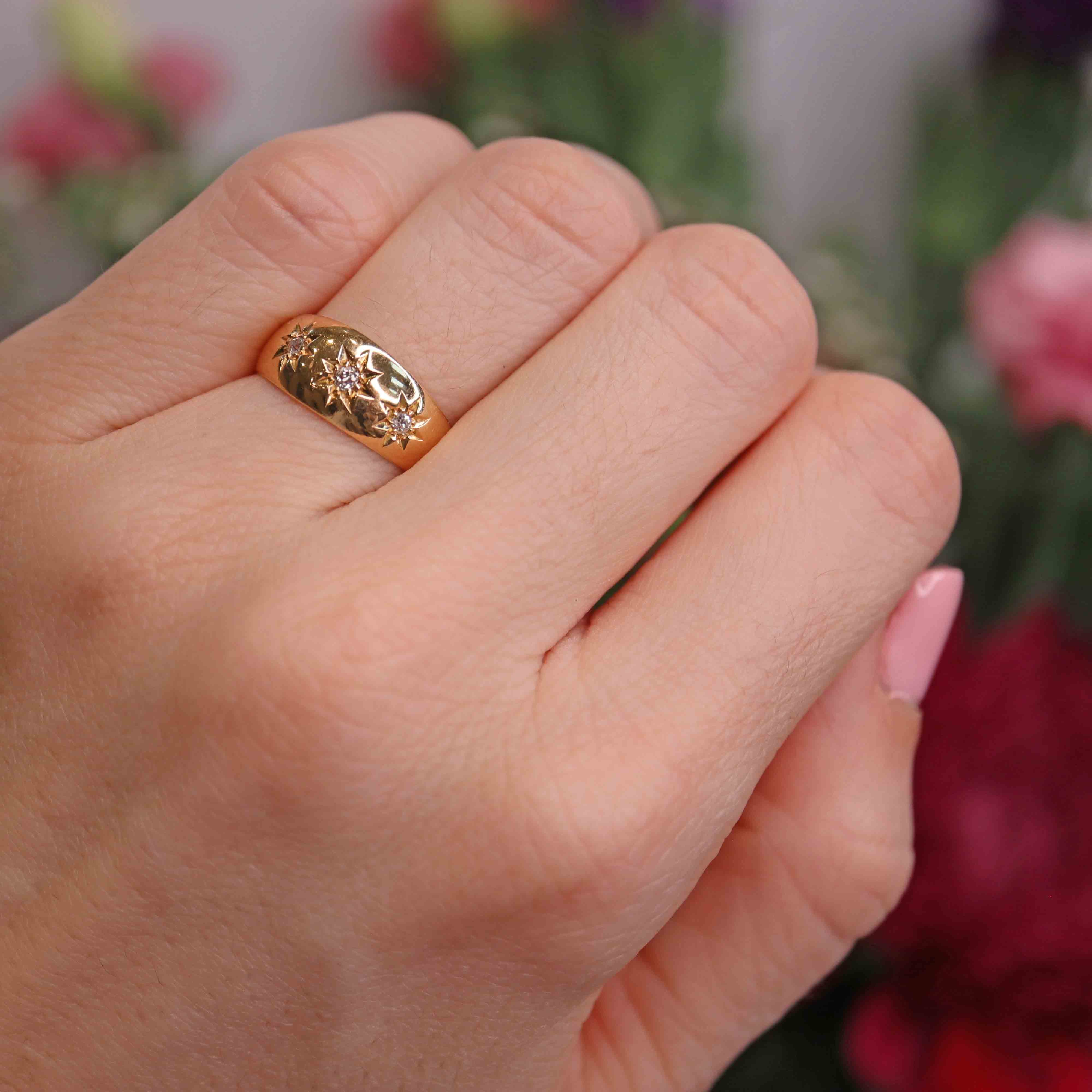 Ellibelle Jewellery Edwardian Diamond 18ct Gold Three-Stone Starburst Gypsy Ring