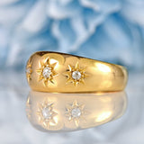 Ellibelle Jewellery Edwardian Diamond 18ct Gold Three-Stone Starburst Gypsy Ring