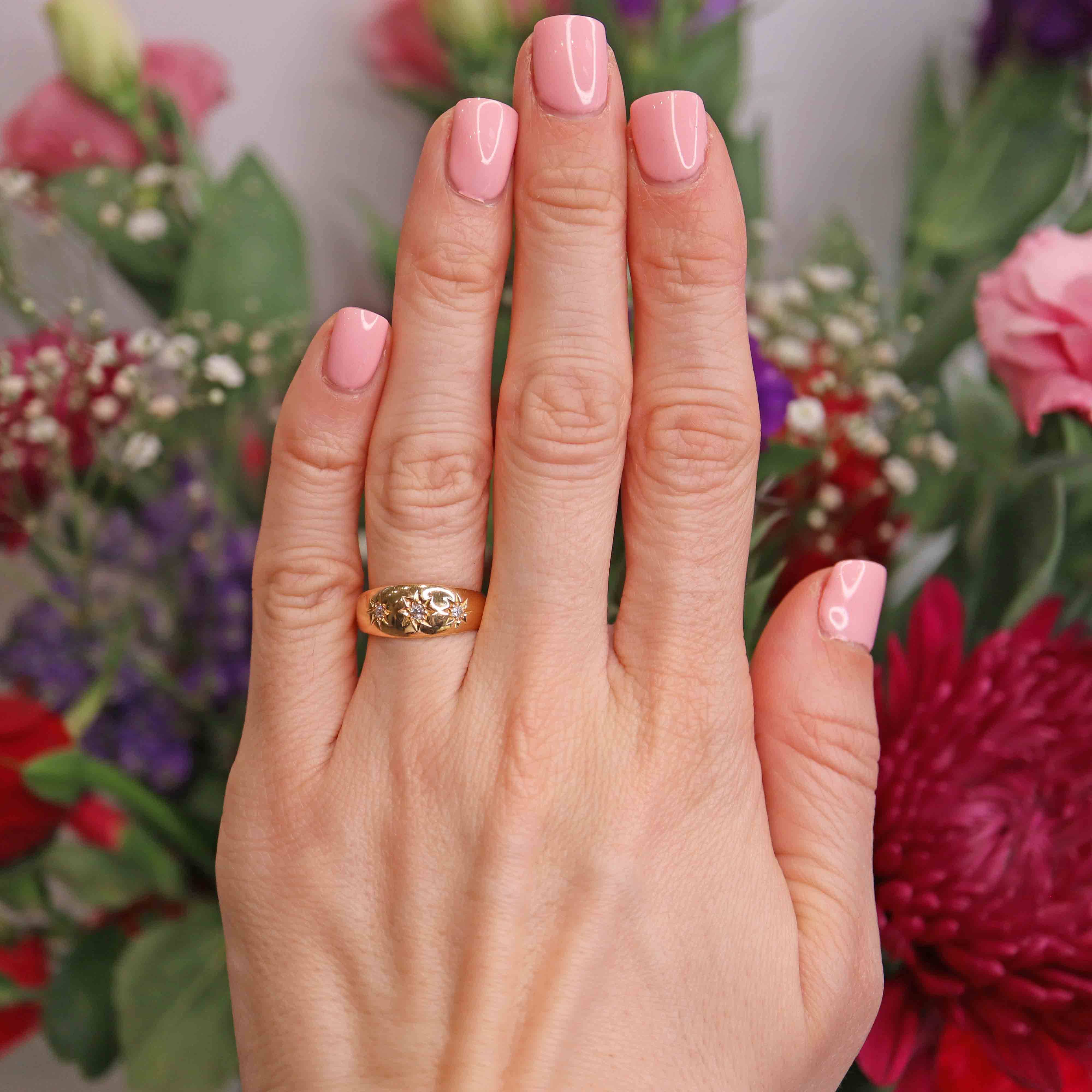 Ellibelle Jewellery Edwardian Diamond 18ct Gold Three-Stone Starburst Gypsy Ring