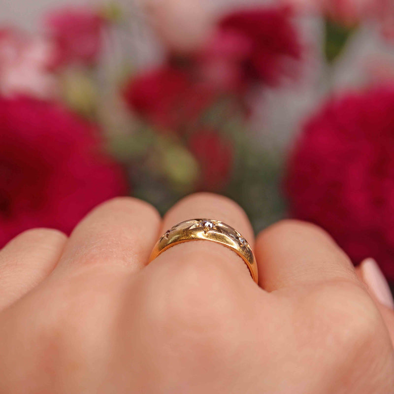 Ellibelle Jewellery Edwardian Diamond 18ct Gold Three-Stone Starburst Gypsy Ring