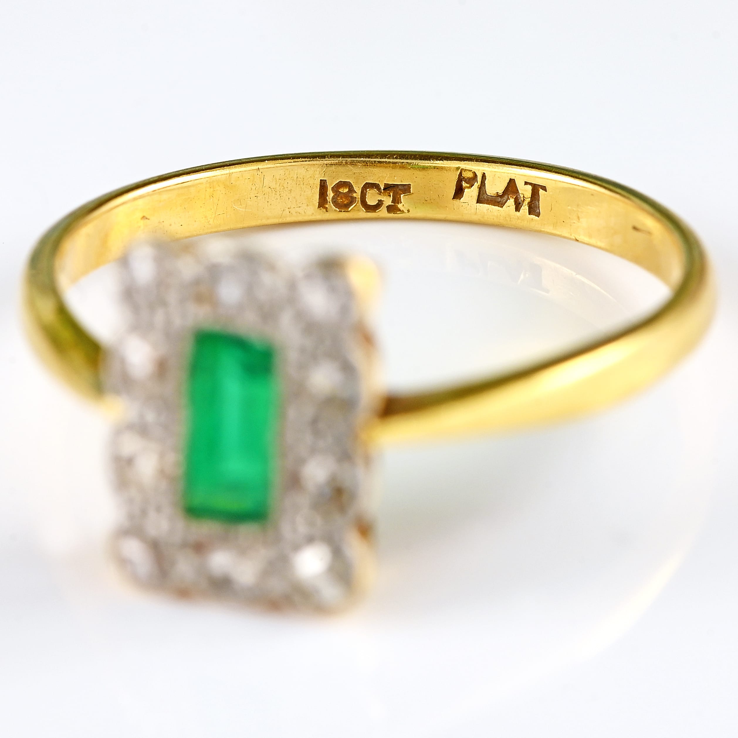 Ellibelle Jewellery Edwardian Emerald & Diamond 18ct Gold Platinum Rectangular Cluster Ring
