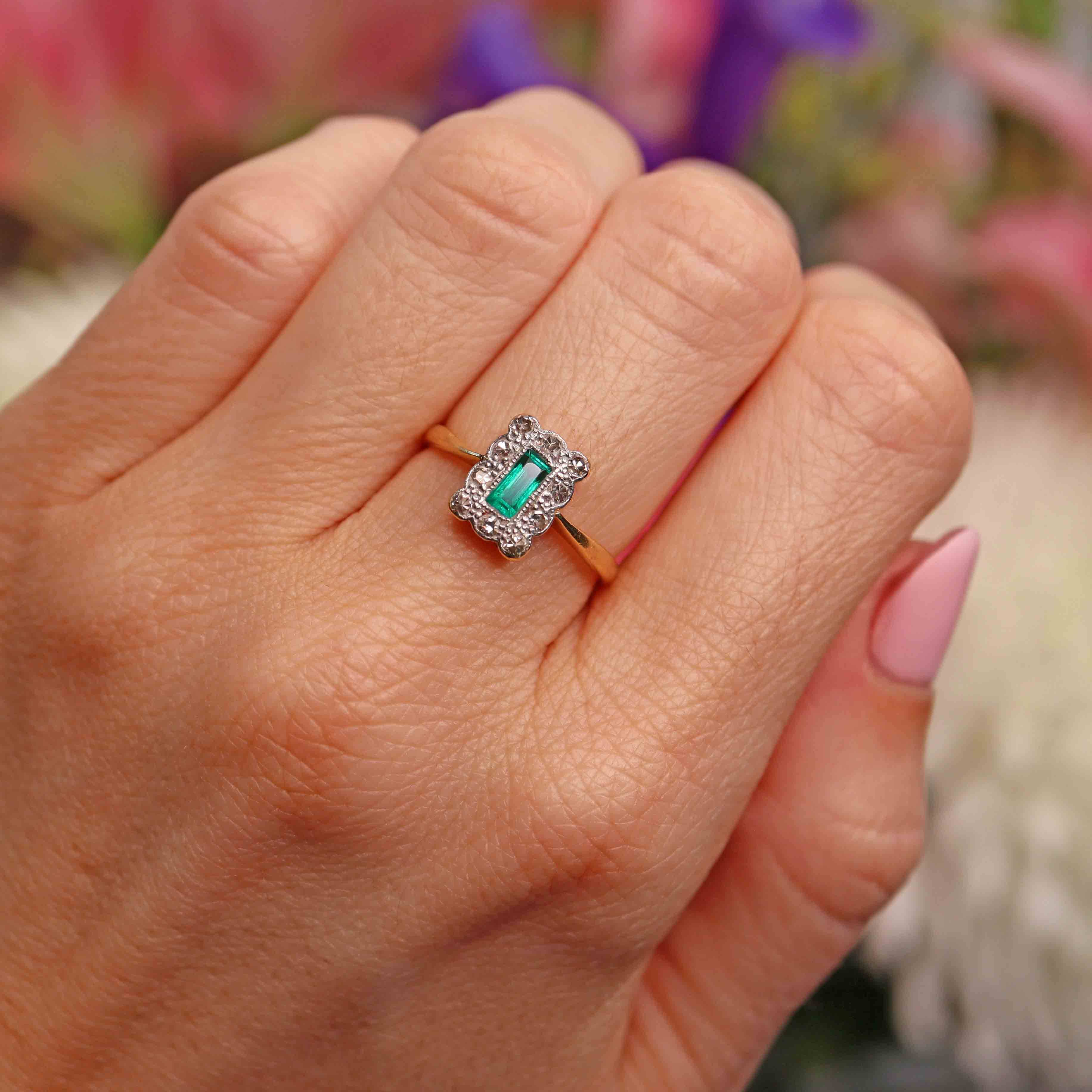 Ellibelle Jewellery Edwardian Emerald & Diamond 18ct Gold Platinum Rectangular Cluster Ring