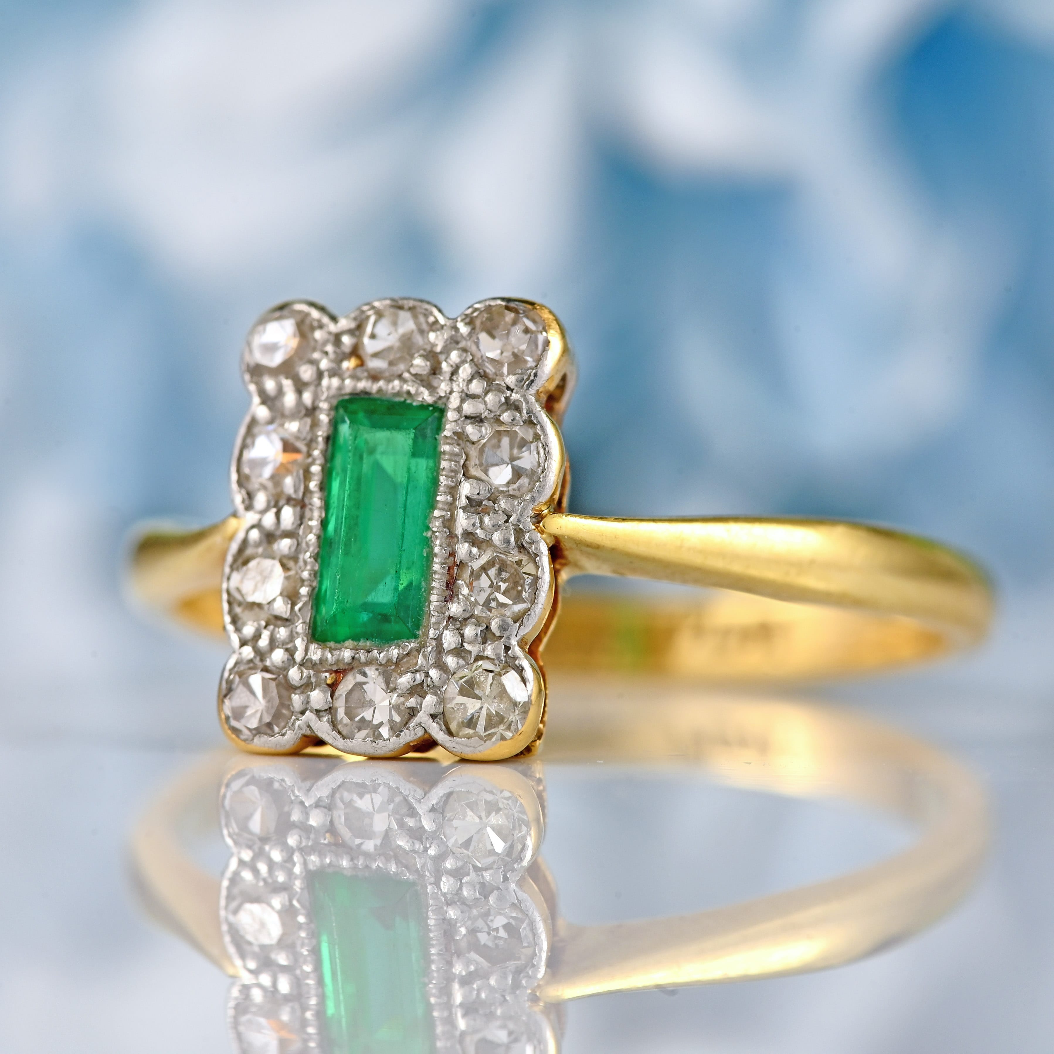 Ellibelle Jewellery Edwardian Emerald & Diamond 18ct Gold Platinum Rectangular Cluster Ring