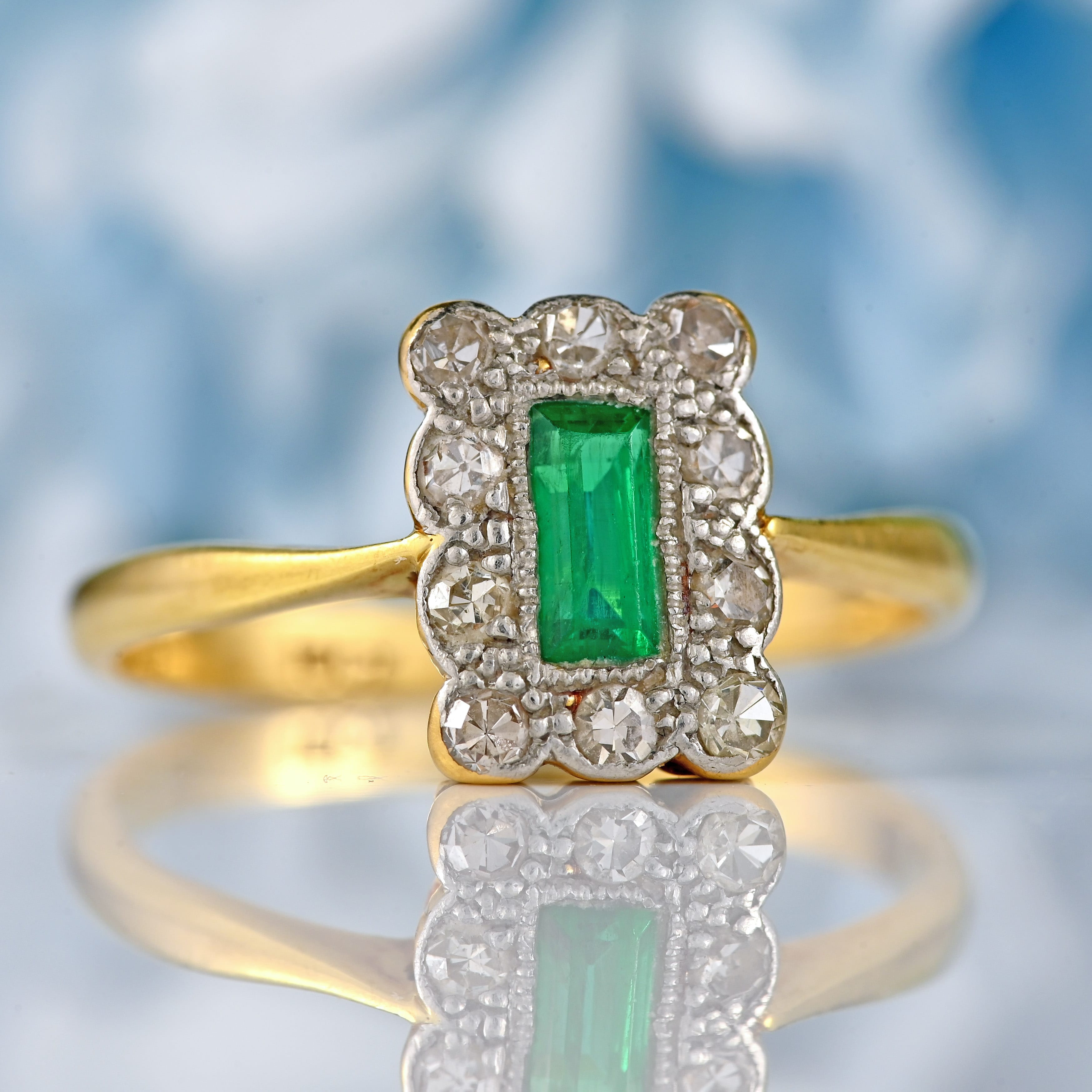 Ellibelle Jewellery Edwardian Emerald & Diamond 18ct Gold Platinum Rectangular Cluster Ring