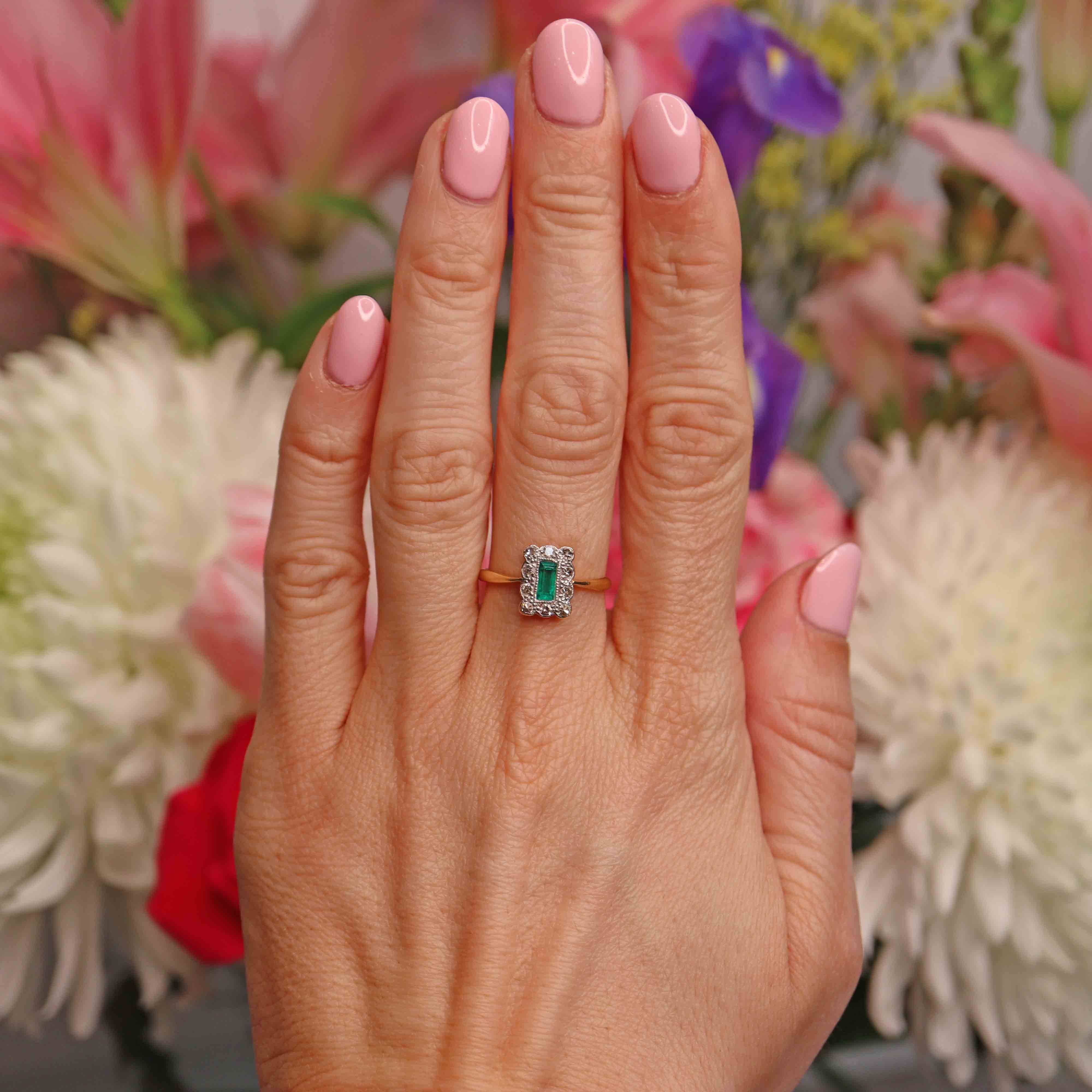 Ellibelle Jewellery Edwardian Emerald & Diamond 18ct Gold Platinum Rectangular Cluster Ring