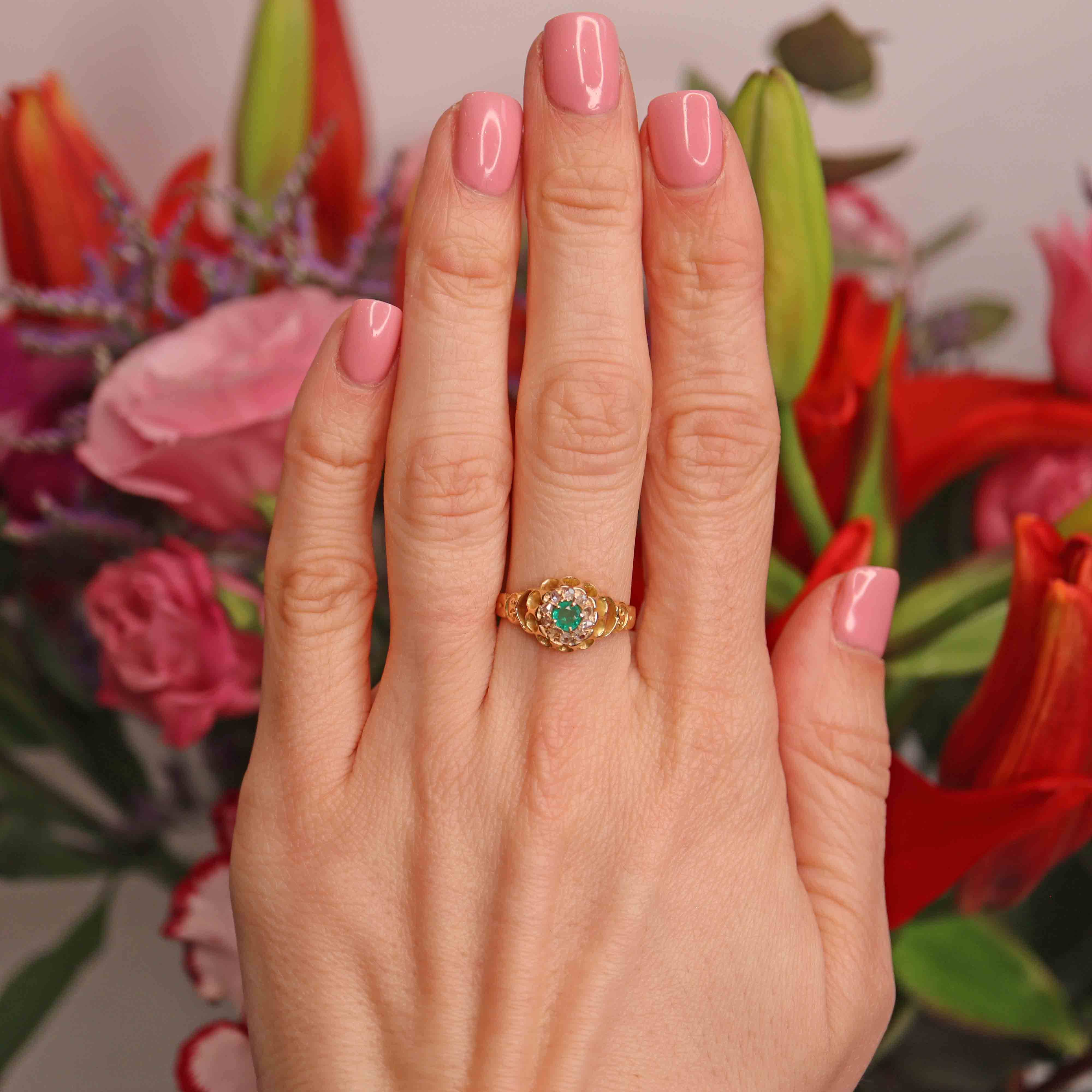 Ellibelle Jewellery Edwardian Emerald & Rose-Cut Diamond 18ct Gold Belcher Ring