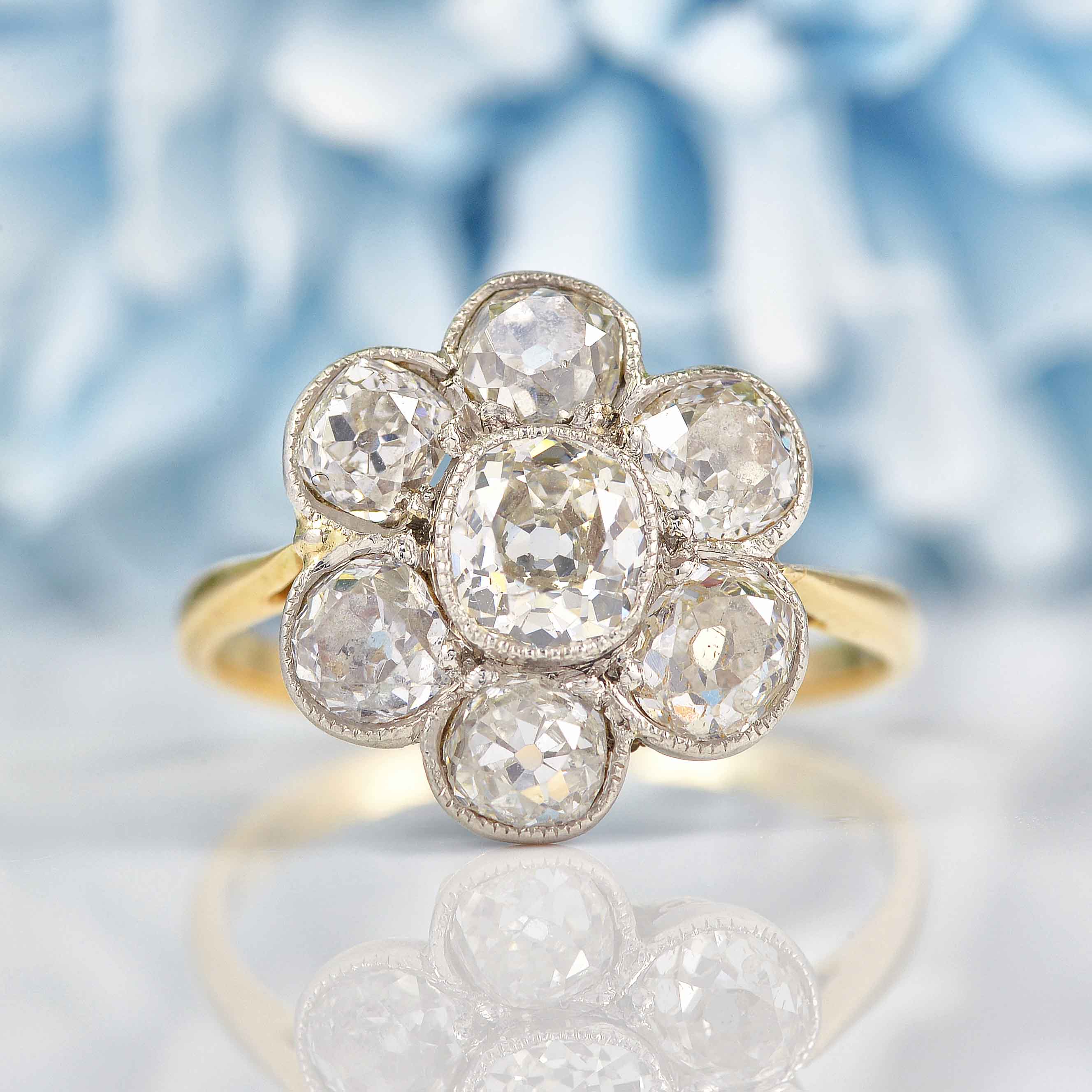 Ellibelle Jewellery Edwardian Old Mine Cut Diamond 18ct Gold Daisy Cluster Engagement Ring