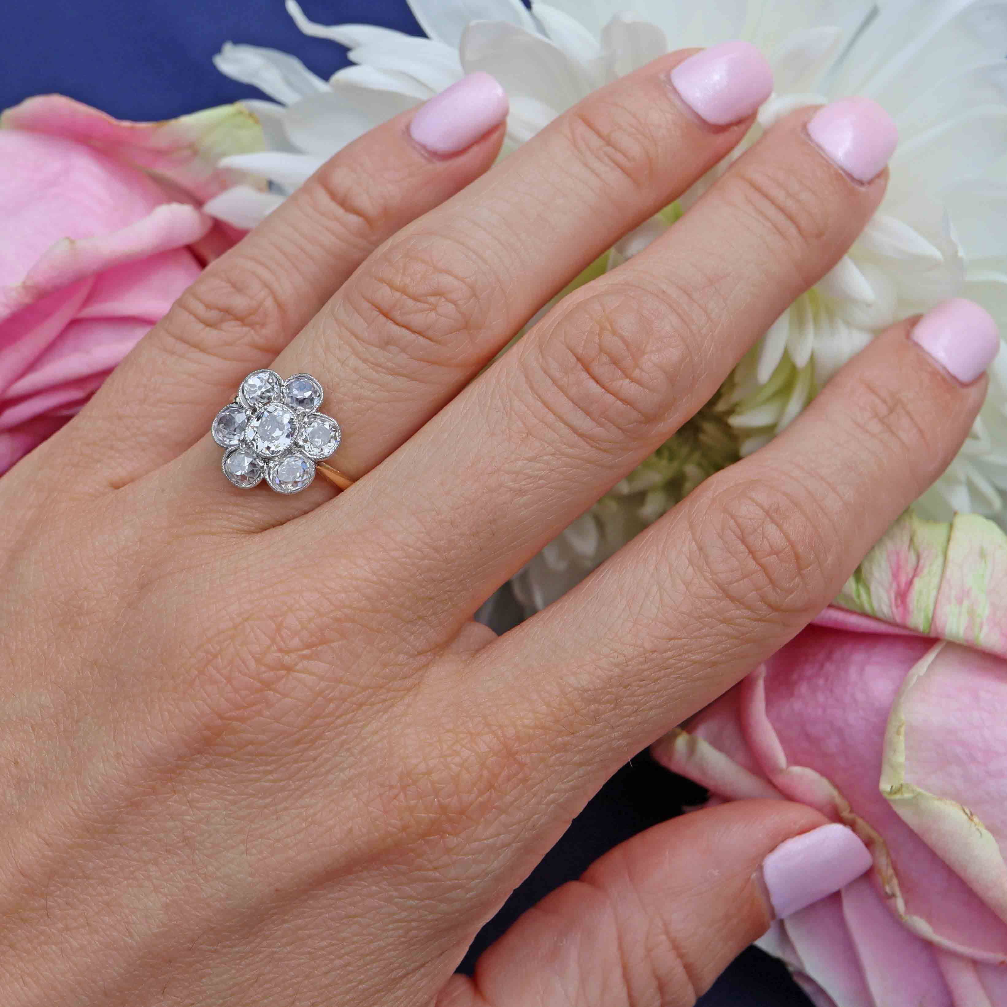 Ellibelle Jewellery Edwardian Old Mine Cut Diamond 18ct Gold Daisy Cluster Engagement Ring