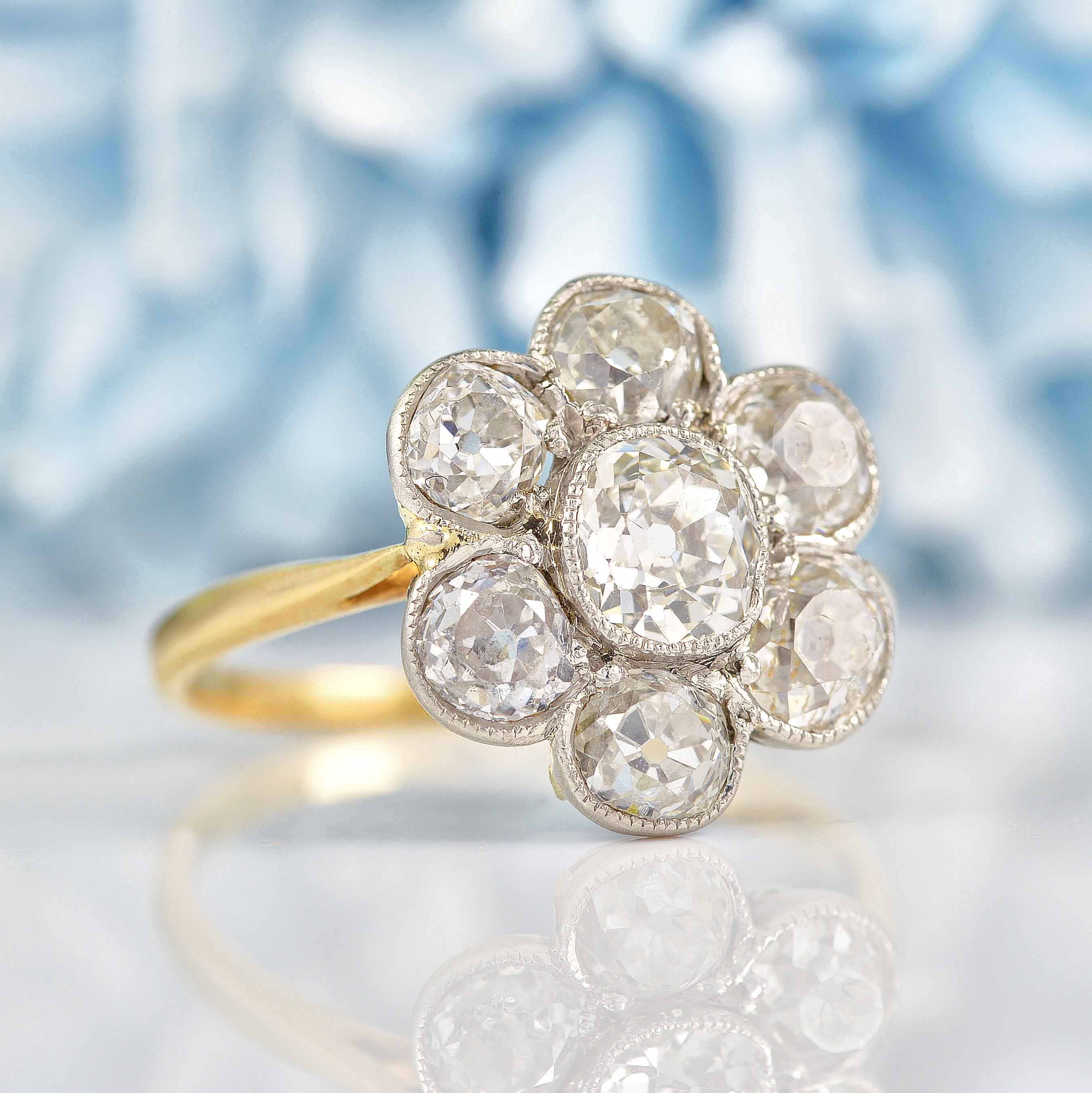 Ellibelle Jewellery Edwardian Old Mine Cut Diamond 18ct Gold Daisy Cluster Engagement Ring