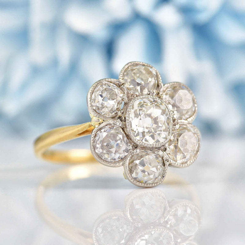 Ellibelle Jewellery Edwardian Old Mine Cut Diamond 18ct Gold Daisy Cluster Engagement Ring