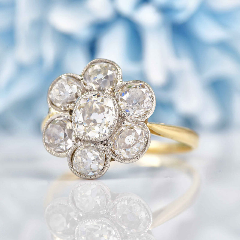 Ellibelle Jewellery Edwardian Old Mine Cut Diamond 18ct Gold Daisy Cluster Engagement Ring