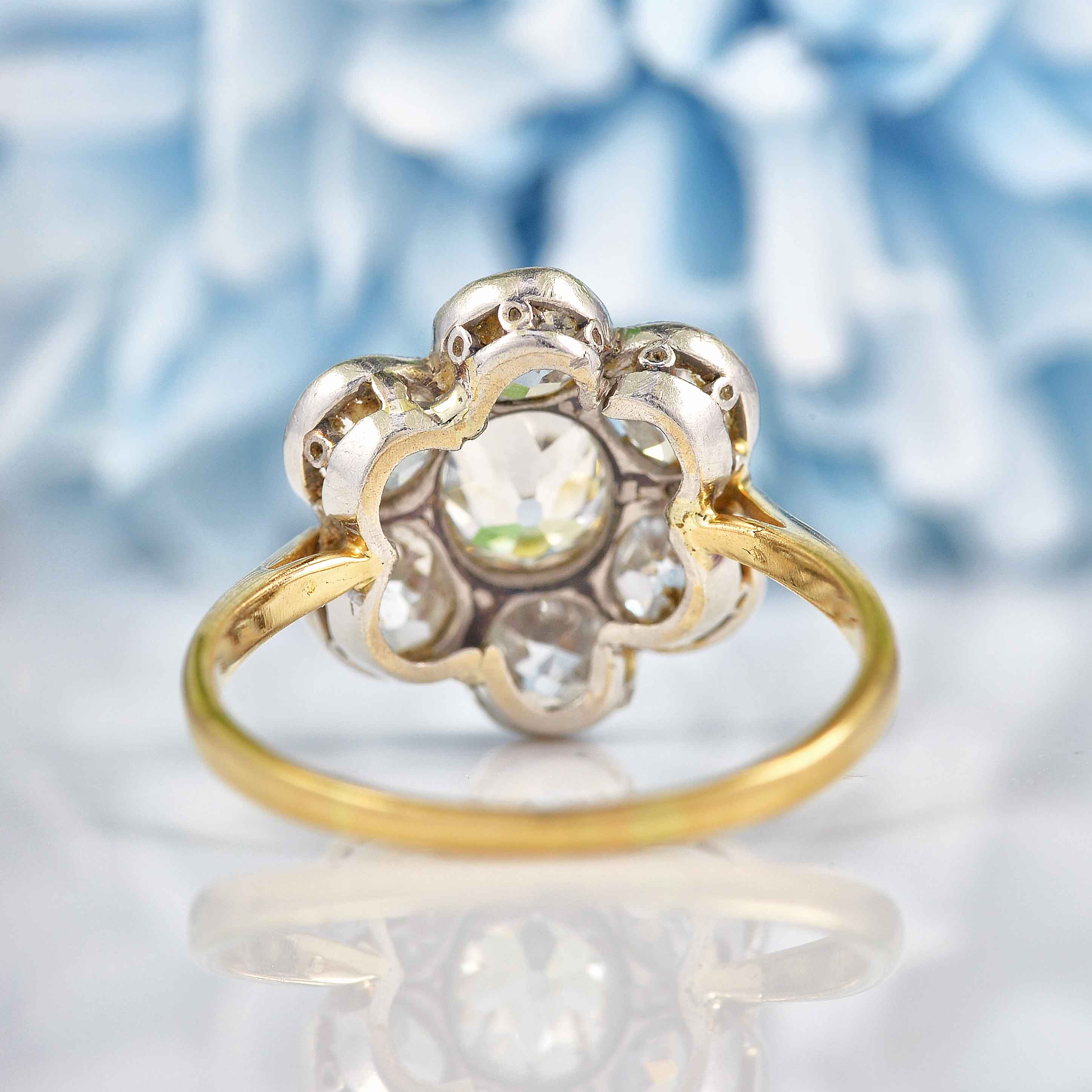 Ellibelle Jewellery Edwardian Old Mine Cut Diamond 18ct Gold Daisy Cluster Engagement Ring