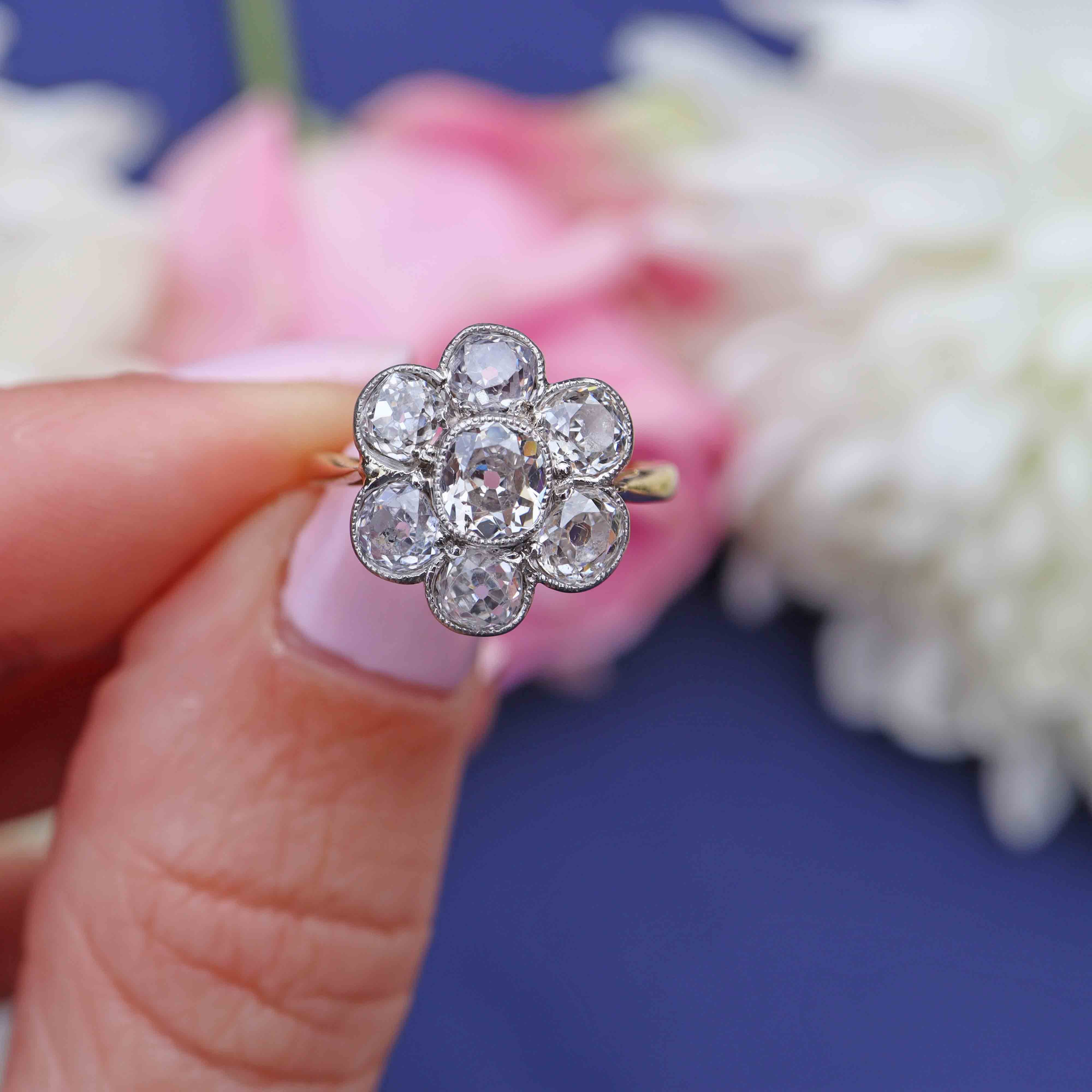 Ellibelle Jewellery Edwardian Old Mine Cut Diamond 18ct Gold Daisy Cluster Engagement Ring