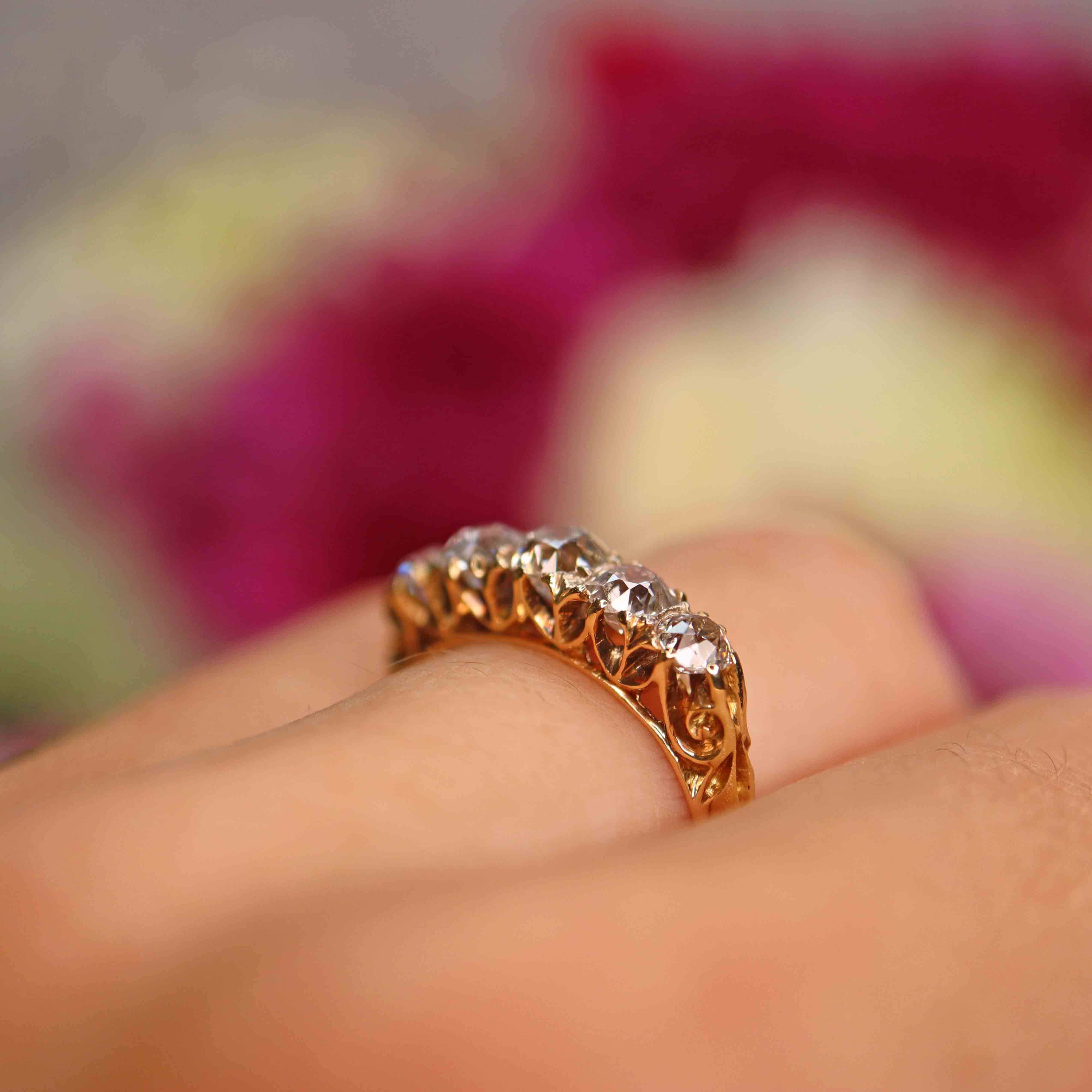 Ellibelle Jewellery Edwardian Old Mine Cut Diamond 18ct Gold Five Stone Ring (1.40cts)