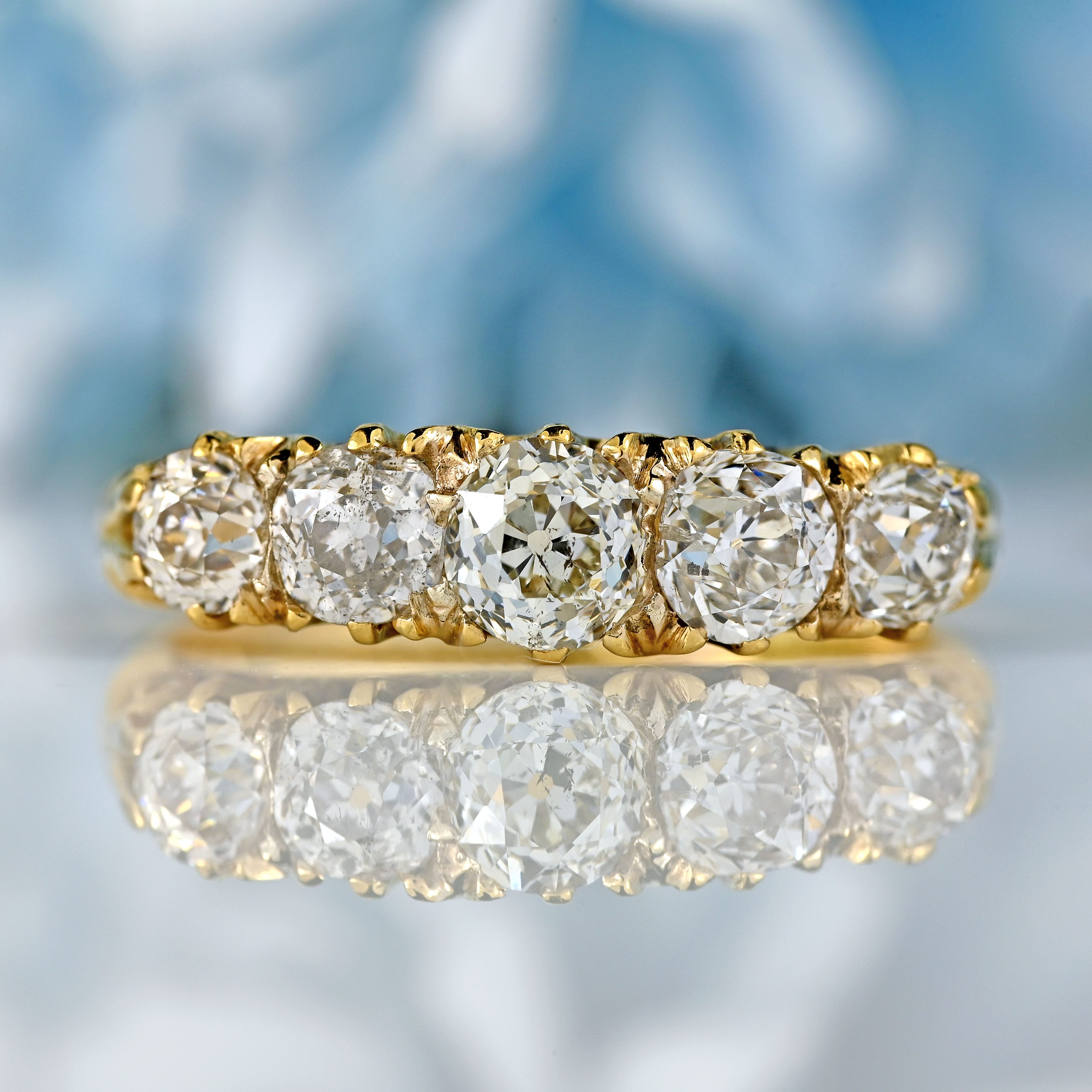 Ellibelle Jewellery Edwardian Old Mine Cut Diamond 18ct Gold Five Stone Ring (1.40cts)