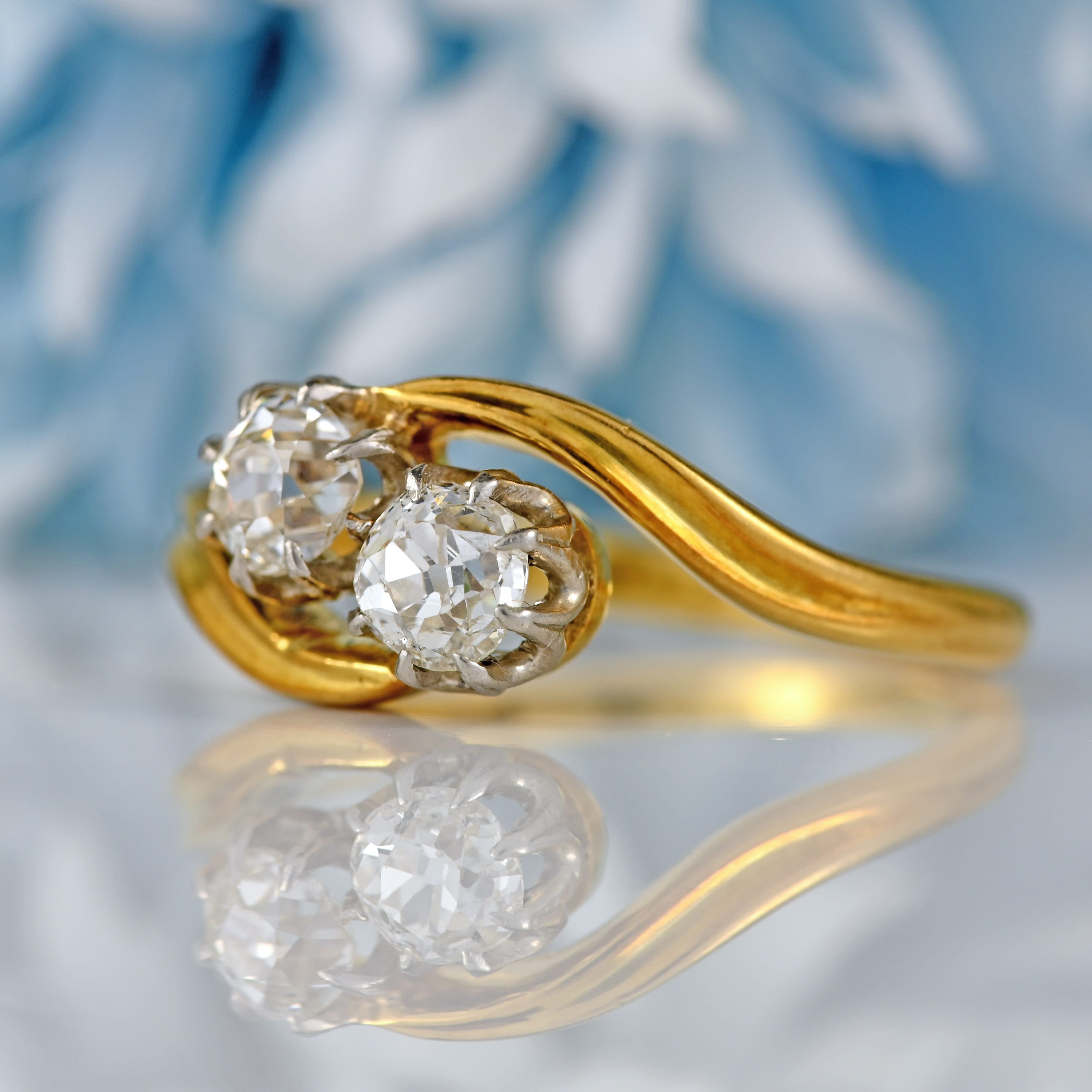 Ellibelle Jewellery Edwardian Old-Mine-Cut Diamond 18ct Gold Two-Stone Crossover Ring
