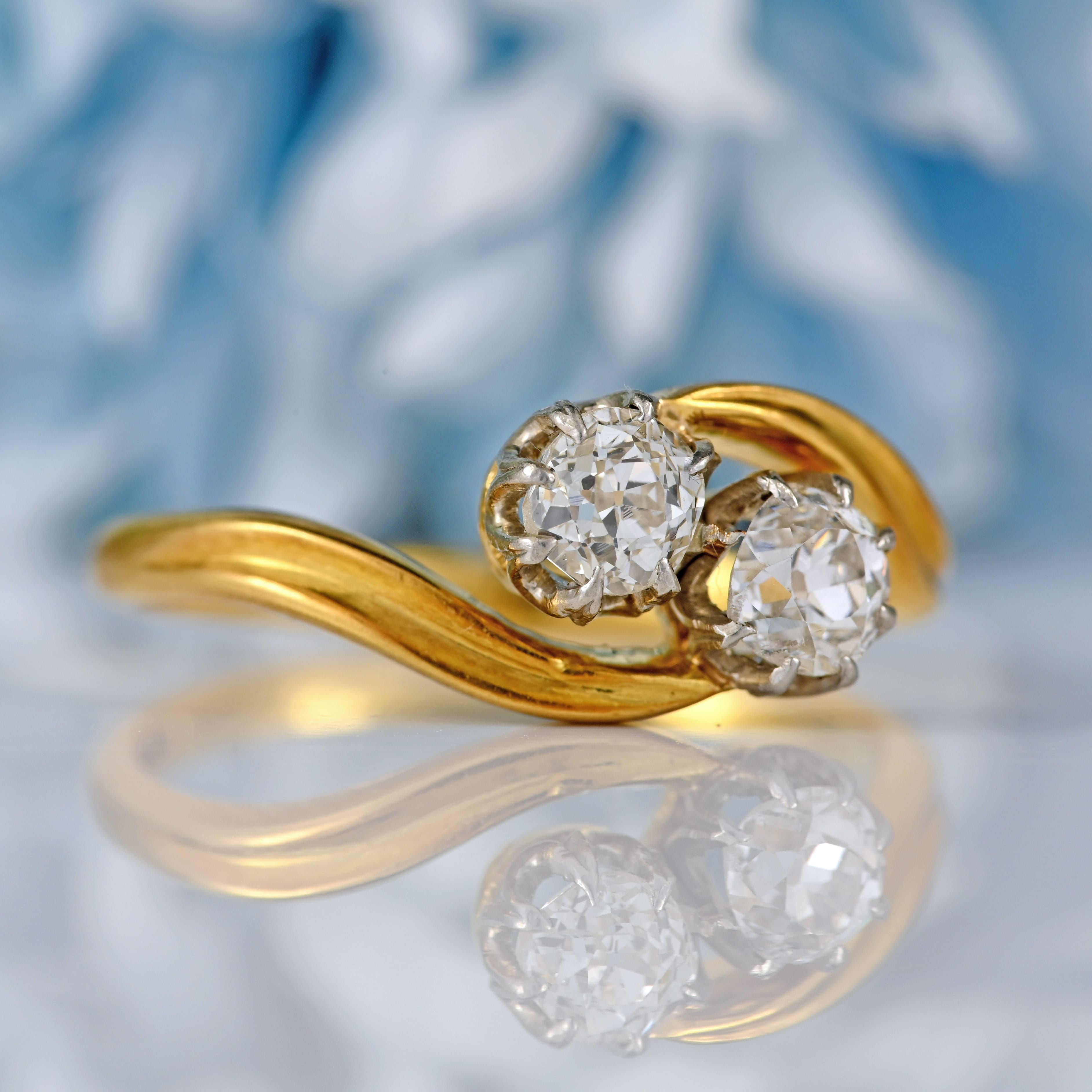 Ellibelle Jewellery Edwardian Old-Mine-Cut Diamond 18ct Gold Two-Stone Crossover Ring