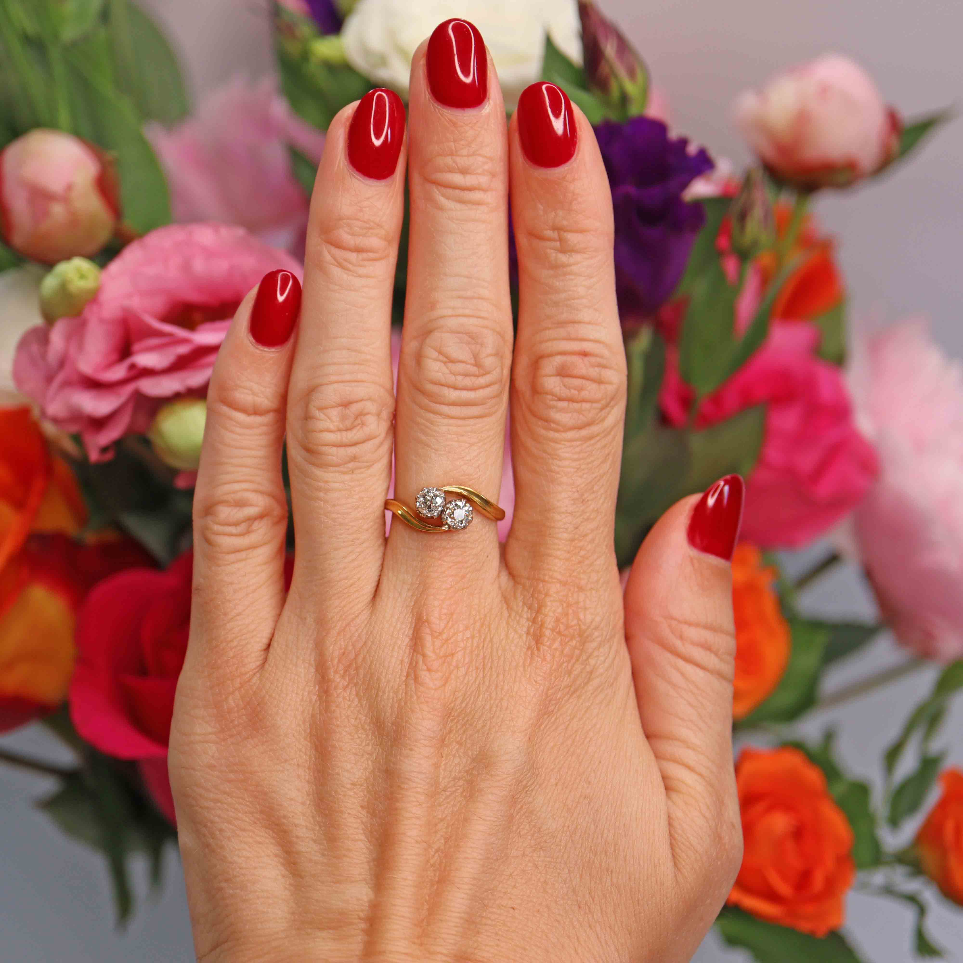 Ellibelle Jewellery Edwardian Old-Mine-Cut Diamond 18ct Gold Two-Stone Crossover Ring