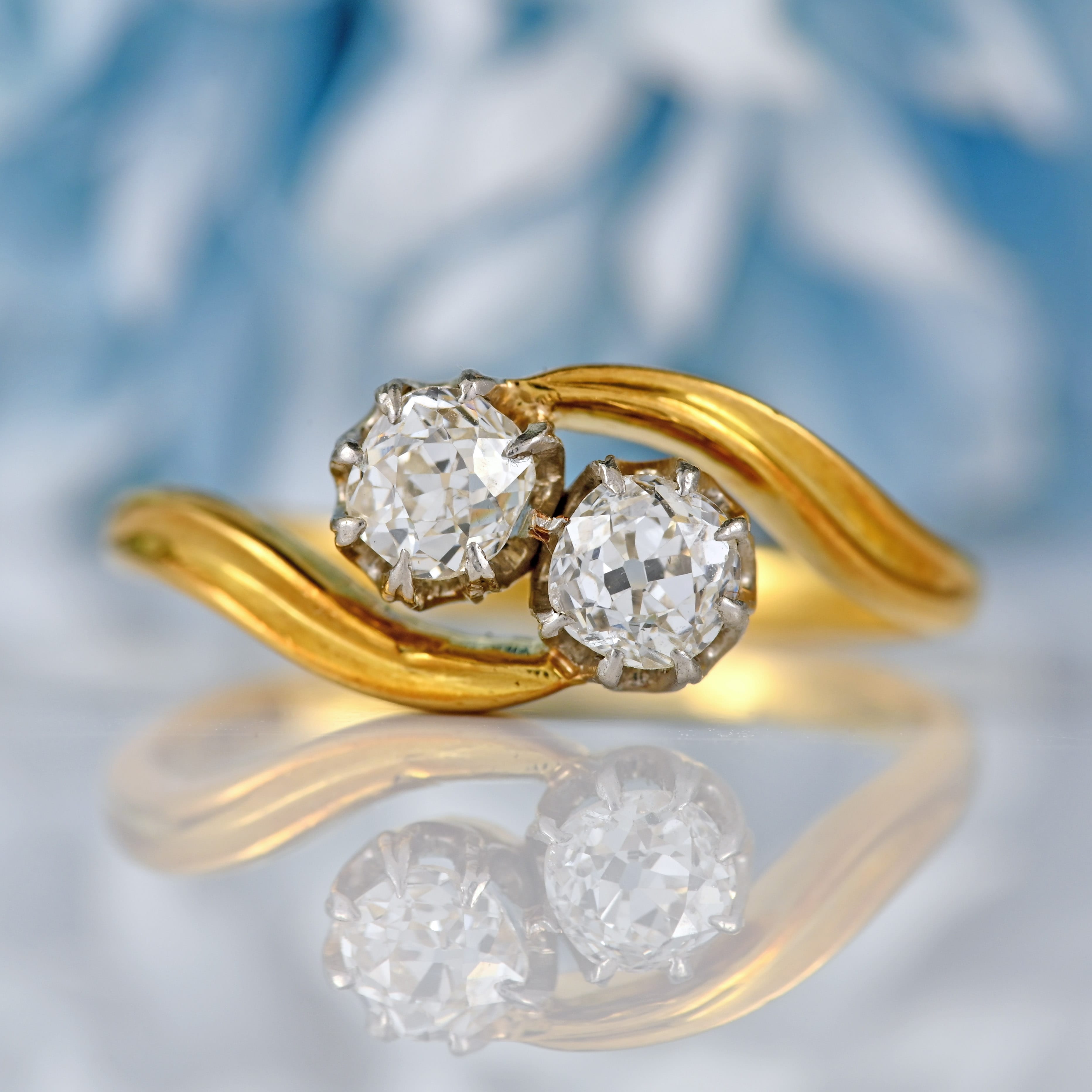 Ellibelle Jewellery Edwardian Old-Mine-Cut Diamond 18ct Gold Two-Stone Crossover Ring