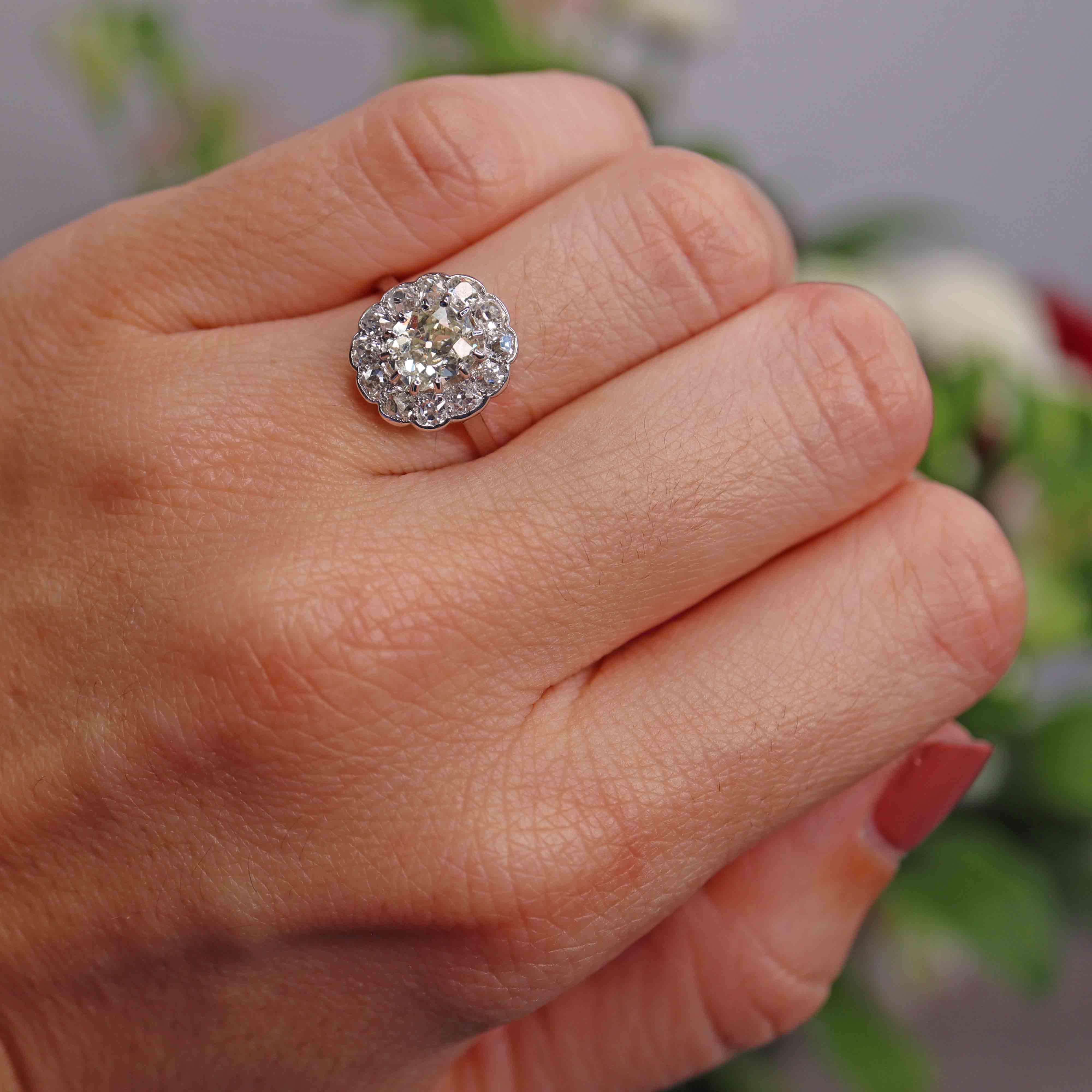 Antique Edwardian Old-Mine-Cut Diamond Platinum Cluster Engagement Ring