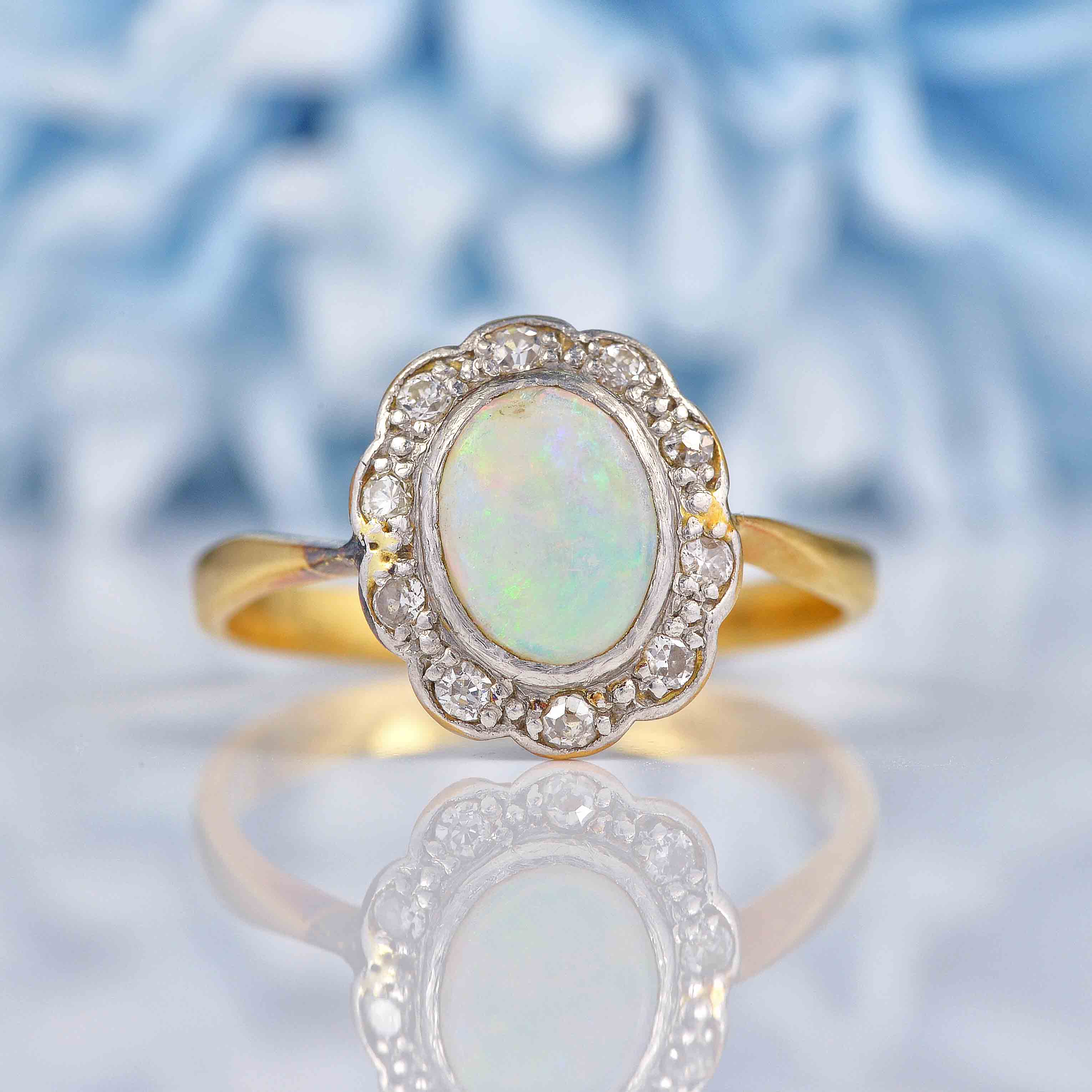 Ellibelle Jewellery Edwardian Opal & Diamond 18ct Gold Platinum Ring