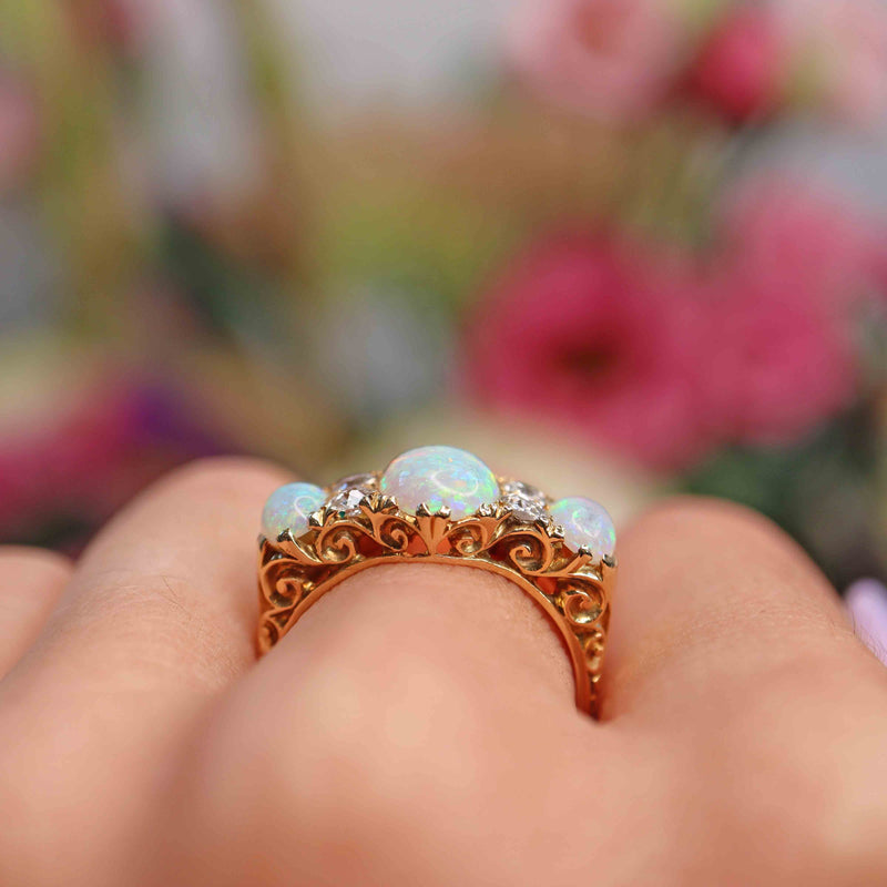 Ellibelle Jewellery Edwardian Opal & Diamond Carved Half-Hoop Ring