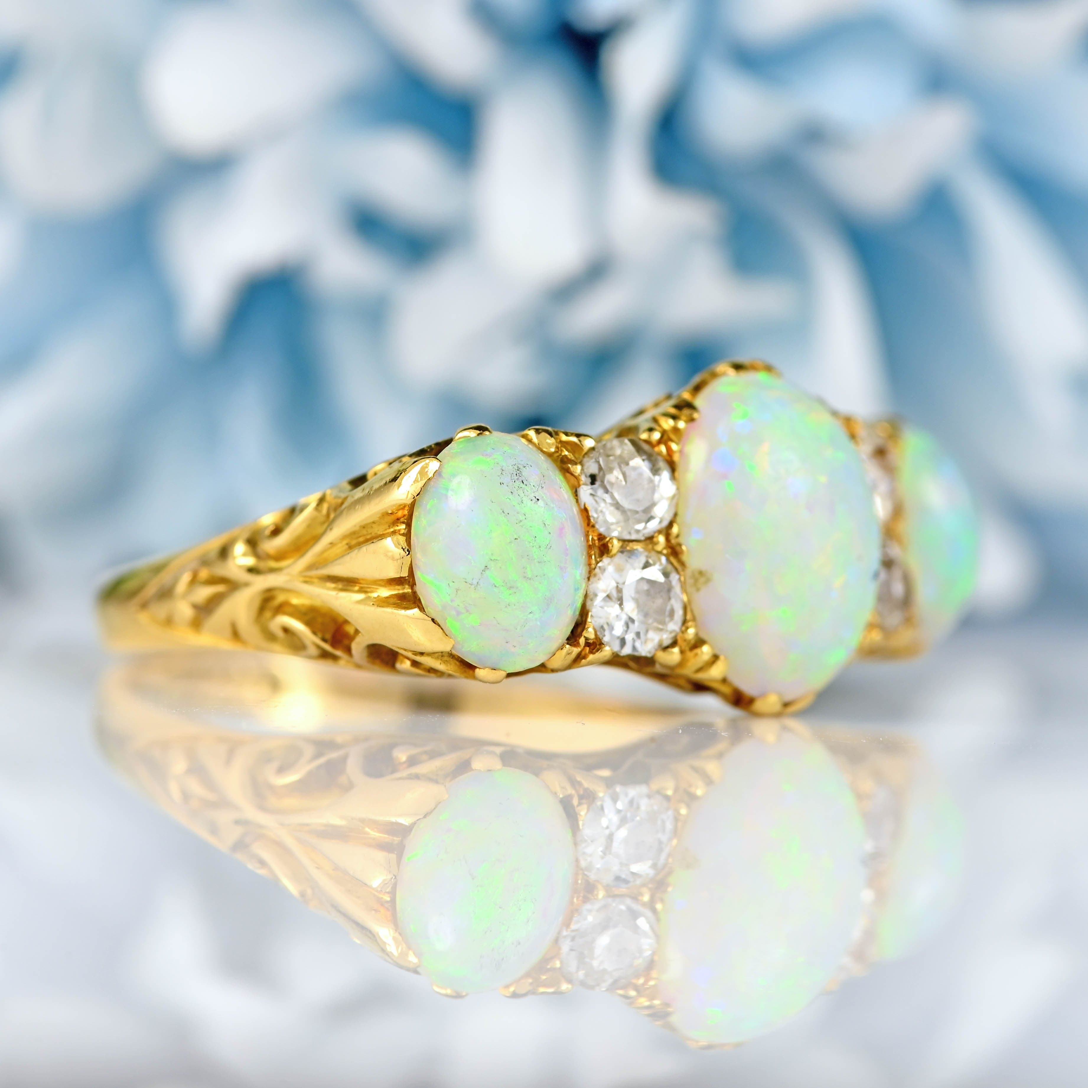 Ellibelle Jewellery Edwardian Opal & Diamond Carved Half-Hoop Ring