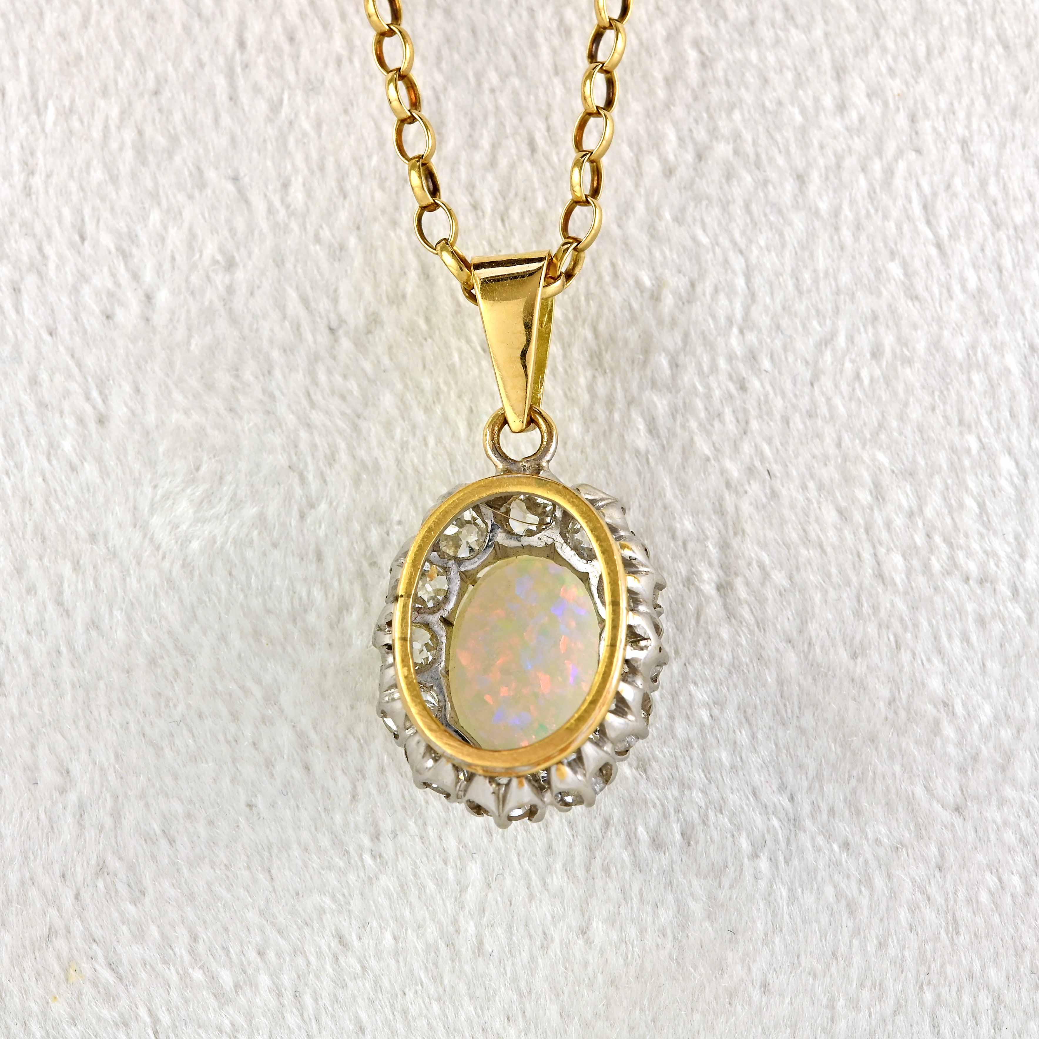 Ellibelle Jewellery Edwardian Opal & Old Cut Diamond Cluster Pendant Necklace