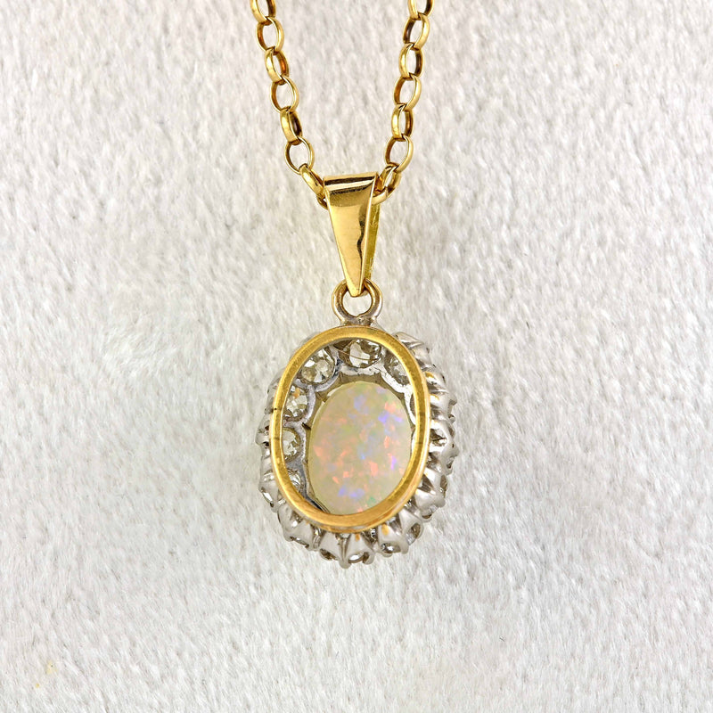 Ellibelle Jewellery Edwardian Opal & Old Cut Diamond Cluster Pendant Necklace