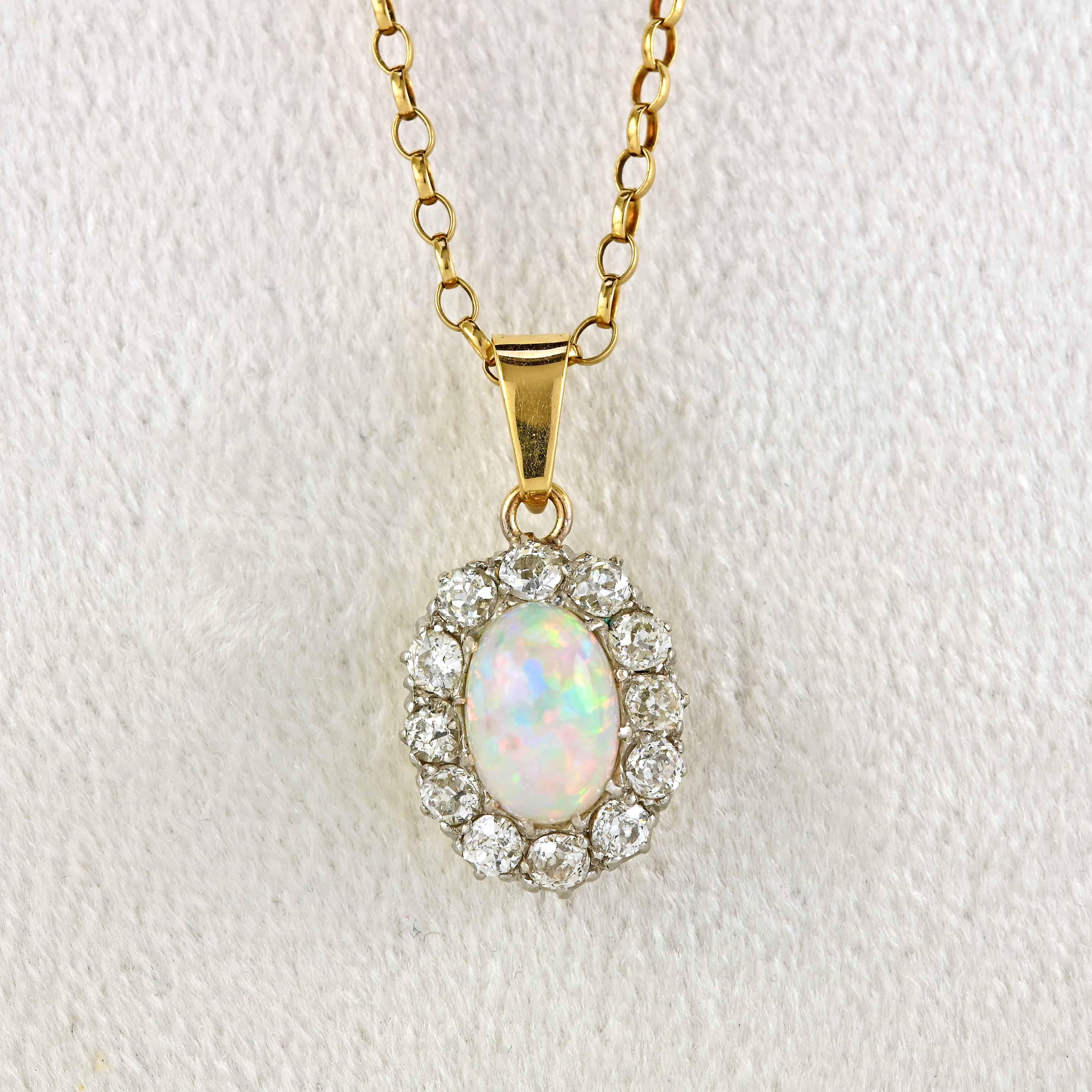 Ellibelle Jewellery Edwardian Opal & Old Cut Diamond Cluster Pendant Necklace