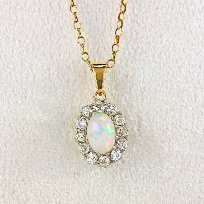 Ellibelle Jewellery Edwardian Opal & Old Cut Diamond Cluster Pendant Necklace