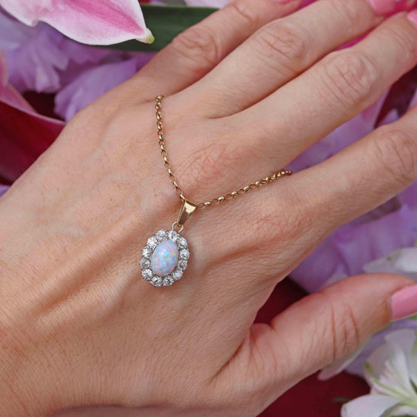 Ellibelle Jewellery Edwardian Opal & Old Cut Diamond Cluster Pendant Necklace