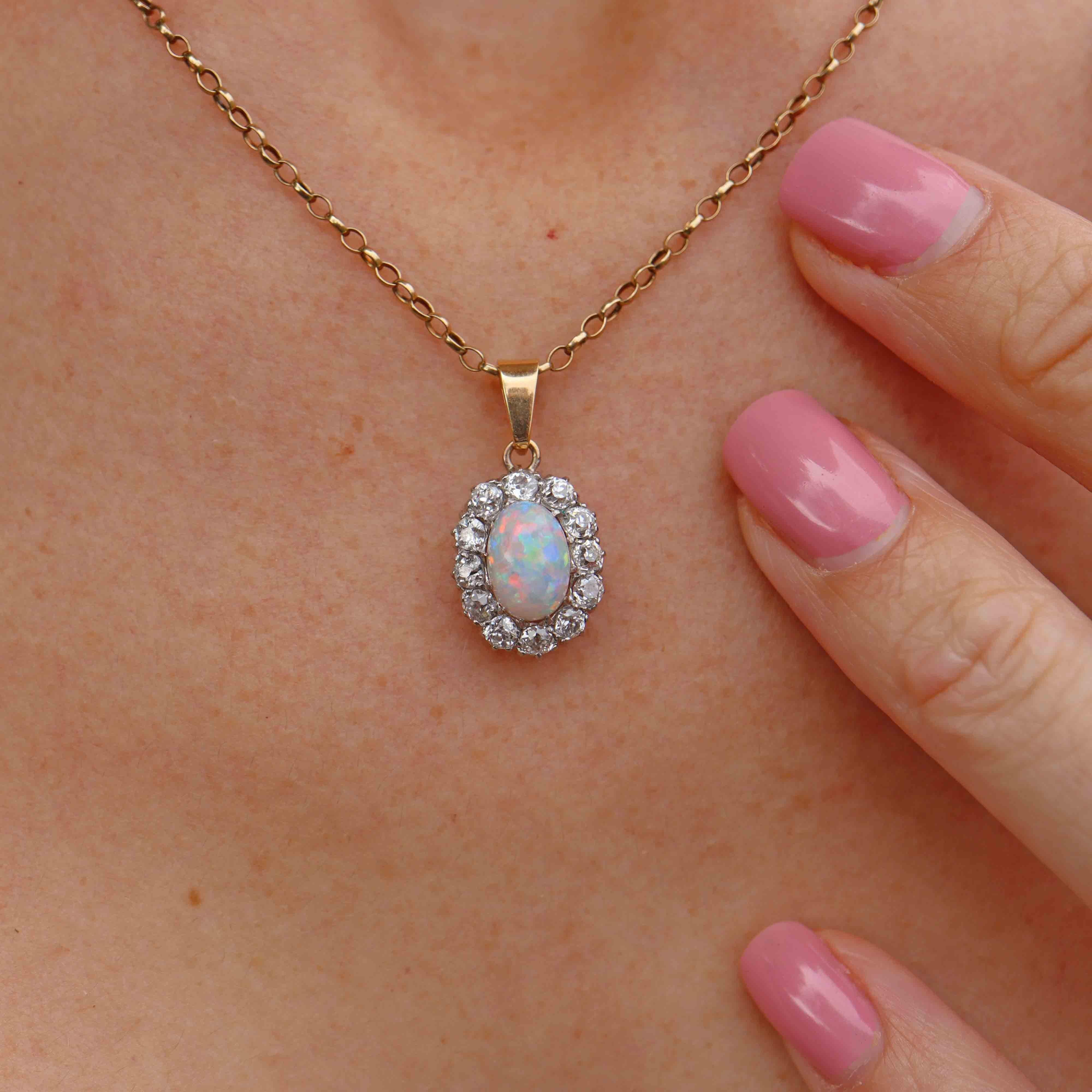 Ellibelle Jewellery Edwardian Opal & Old Cut Diamond Cluster Pendant Necklace