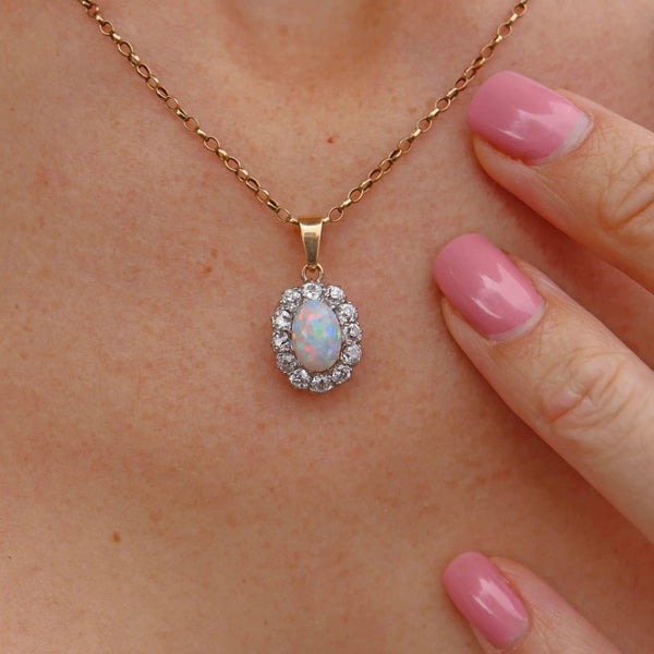 Ellibelle Jewellery Edwardian Opal & Old Cut Diamond Cluster Pendant Necklace