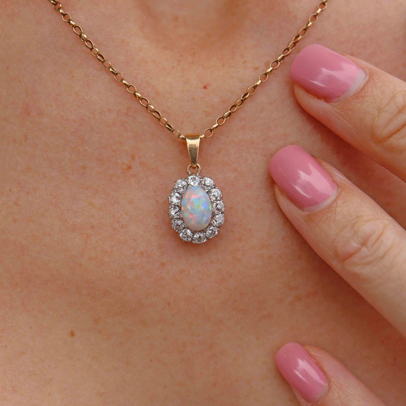 Ellibelle Jewellery Edwardian Opal & Old Cut Diamond Cluster Pendant Necklace
