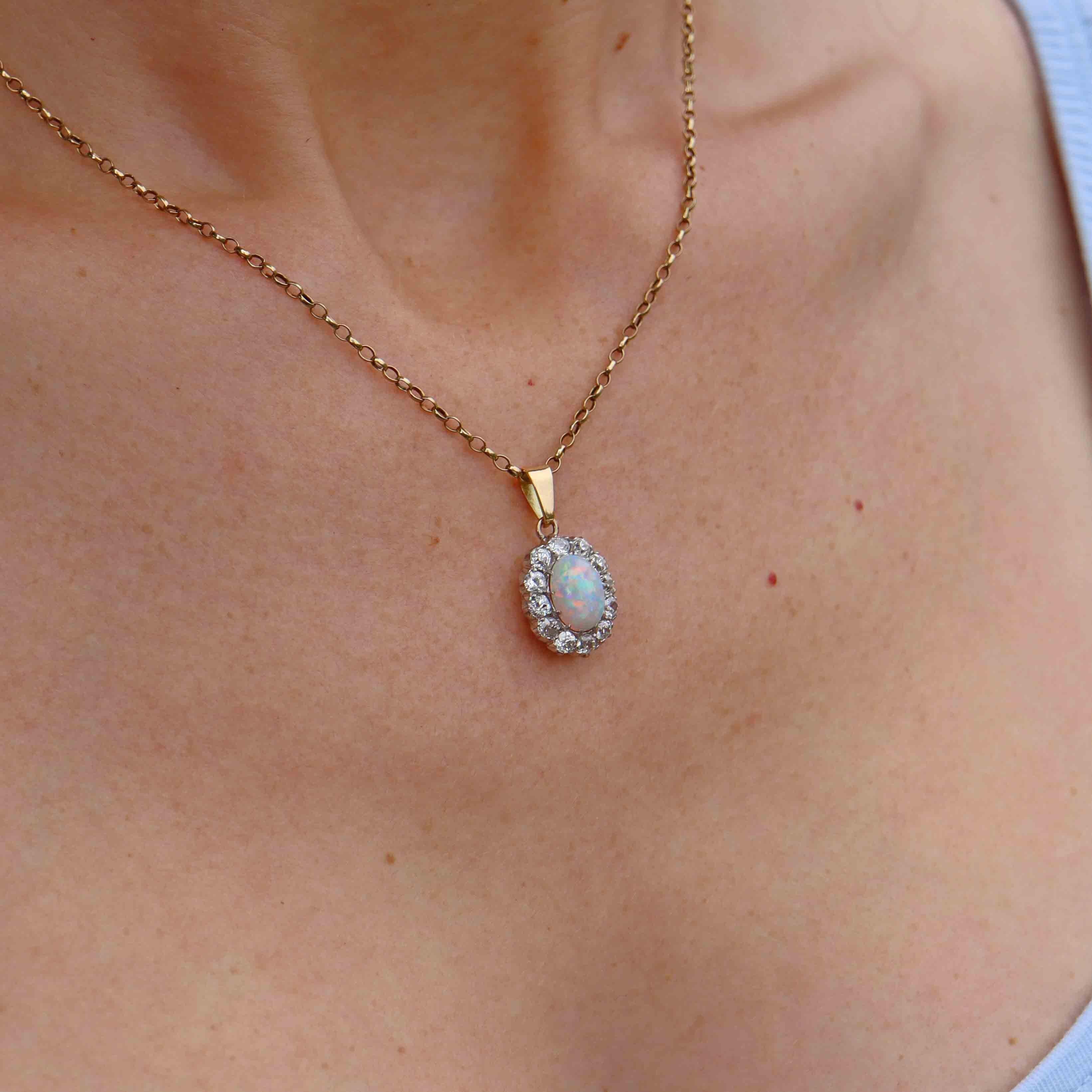 Ellibelle Jewellery Edwardian Opal & Old Cut Diamond Cluster Pendant Necklace