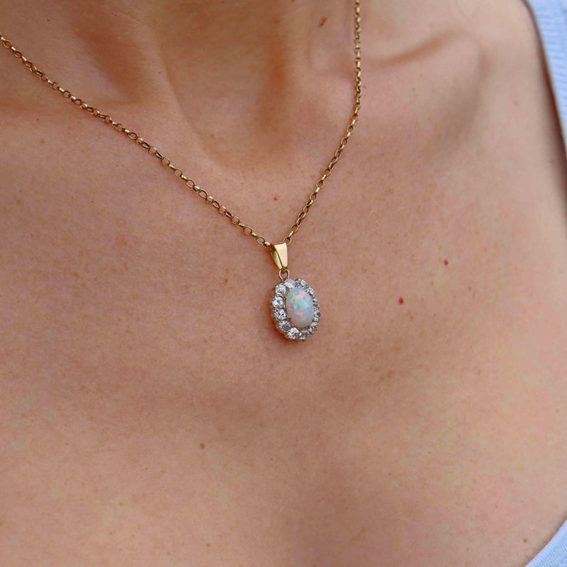 Ellibelle Jewellery Edwardian Opal & Old Cut Diamond Cluster Pendant Necklace